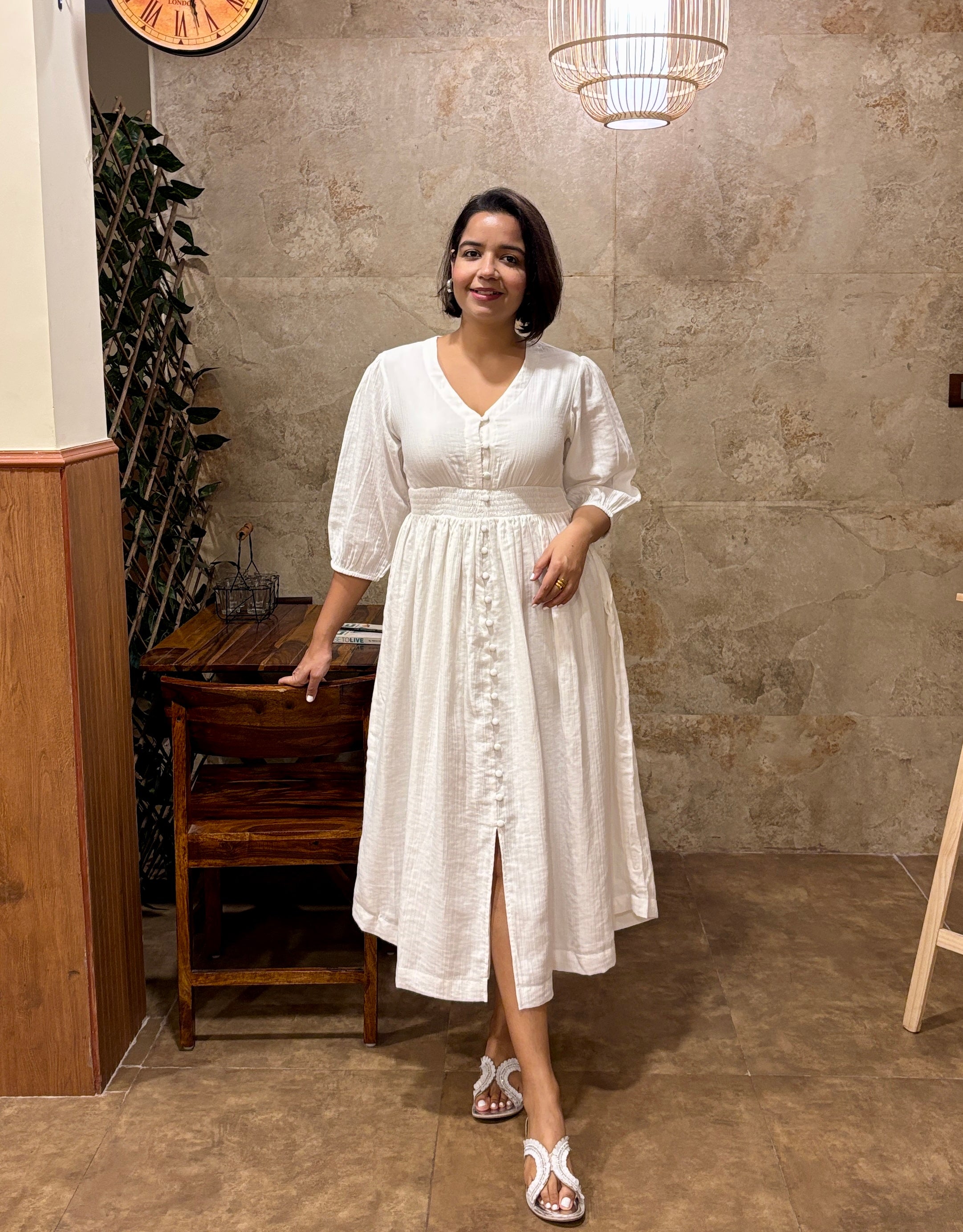 White Buttoned Cinched Waist Dress