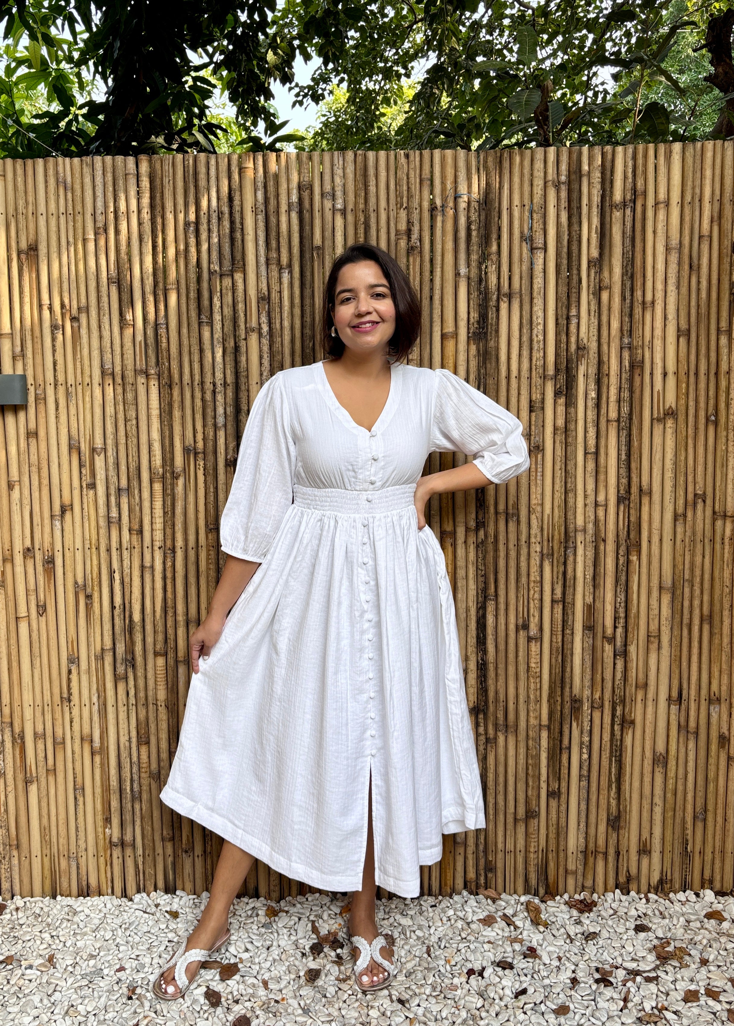 White Buttoned Cinched Waist Dress