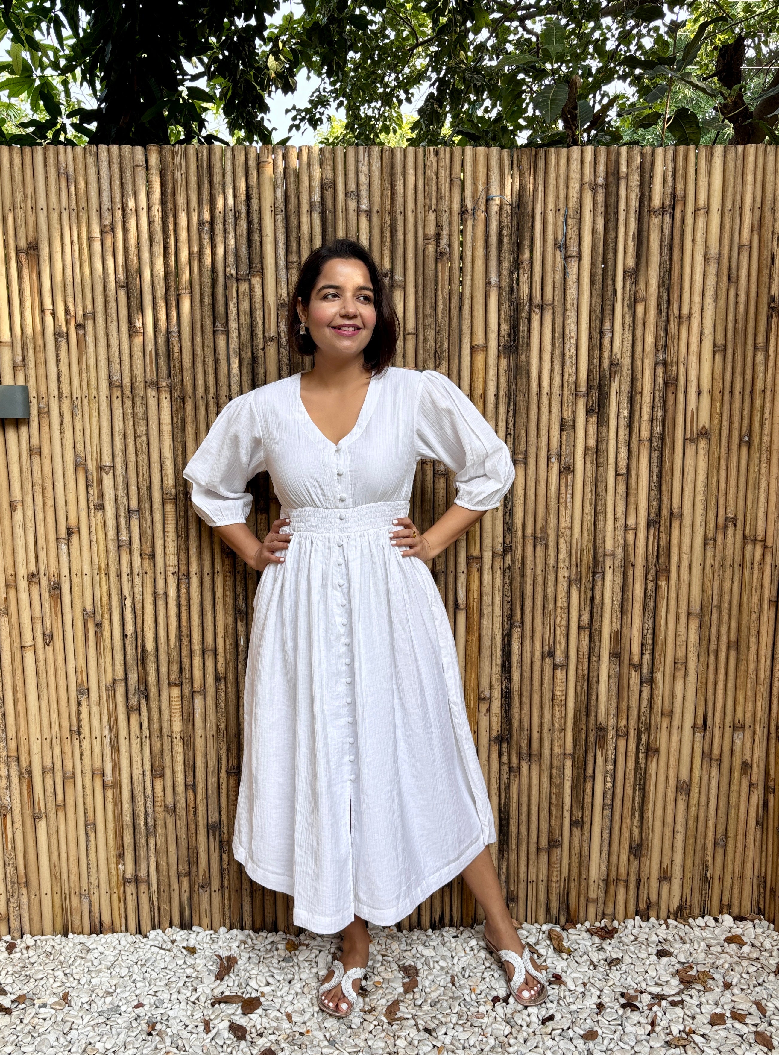 White Buttoned Cinched Waist Dress