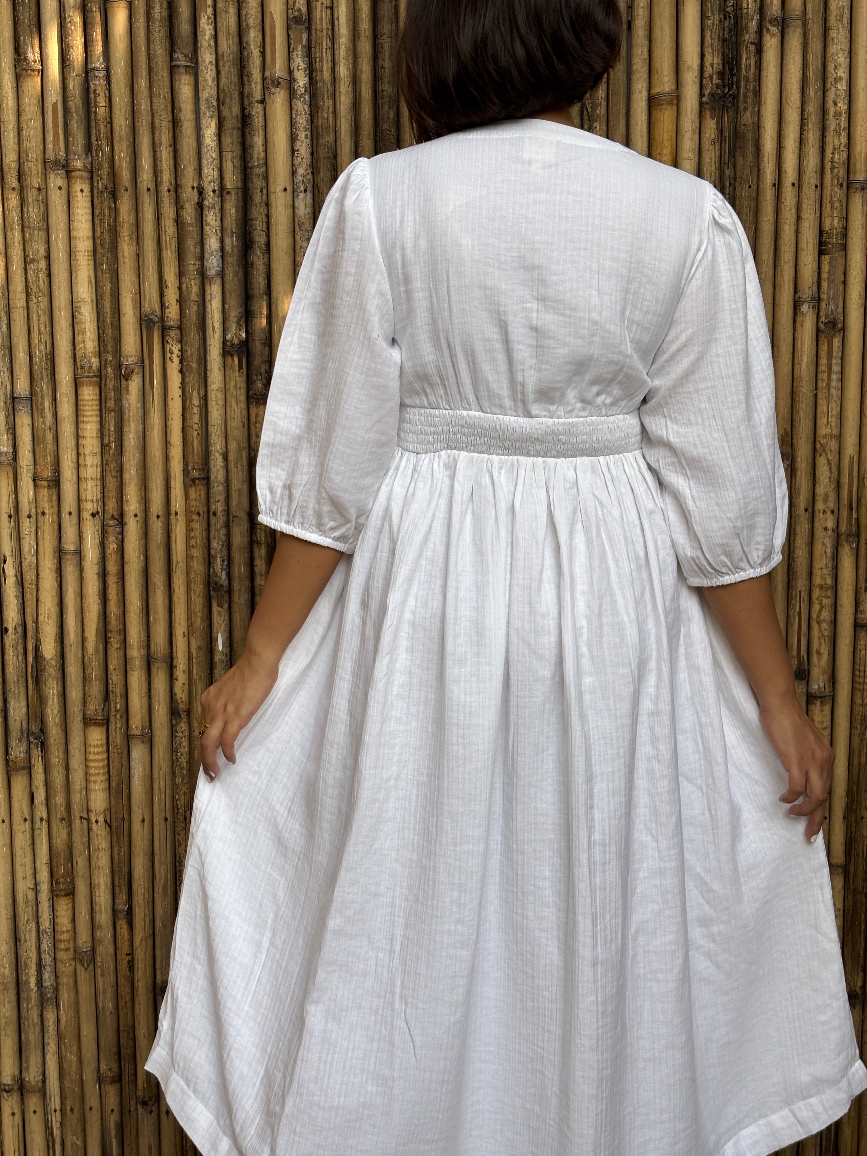 White Buttoned Cinched Waist Dress