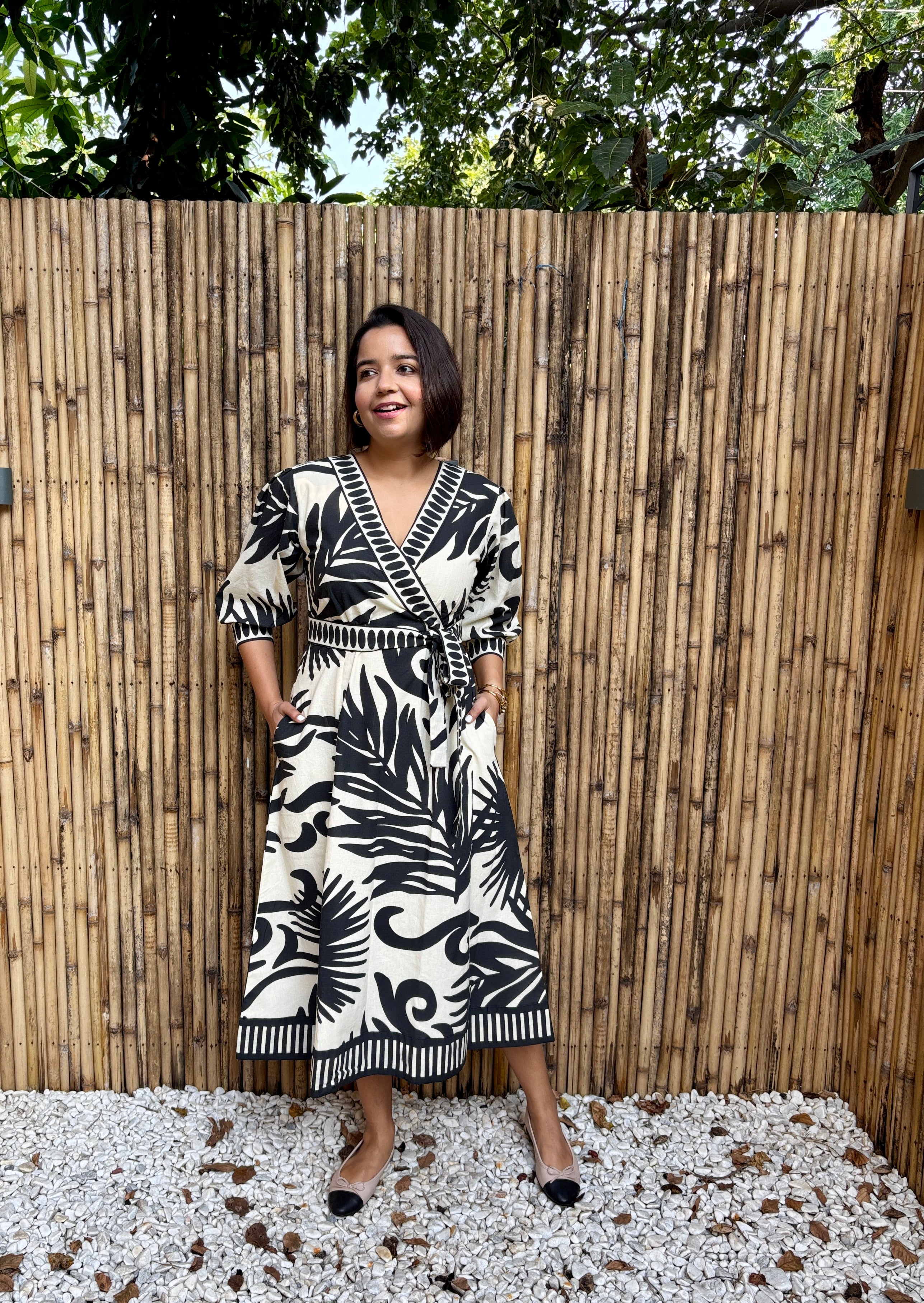 Black & Ivory Palm Cotton Midi Dress