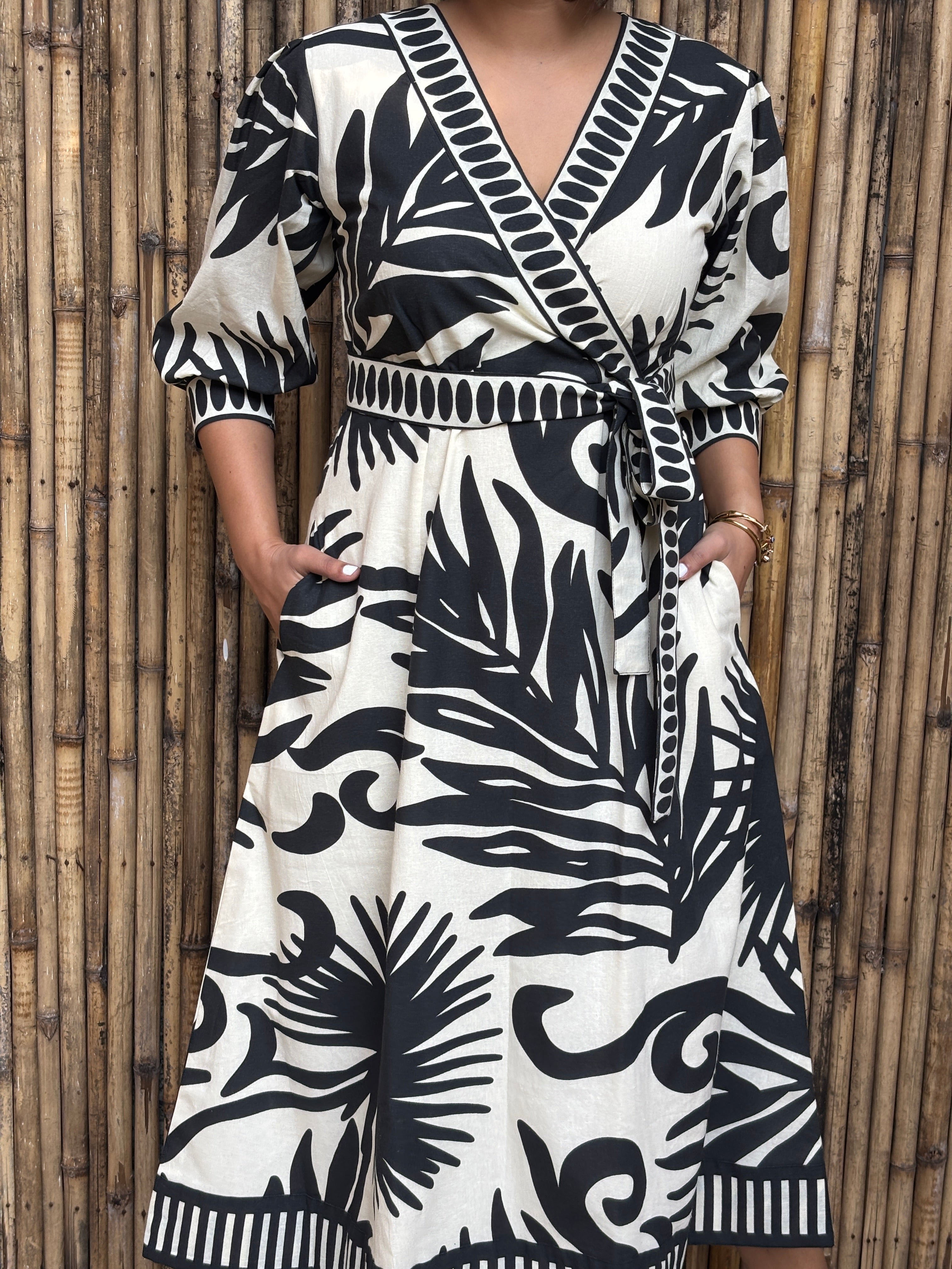 Black & Ivory Palm Cotton Midi Dress