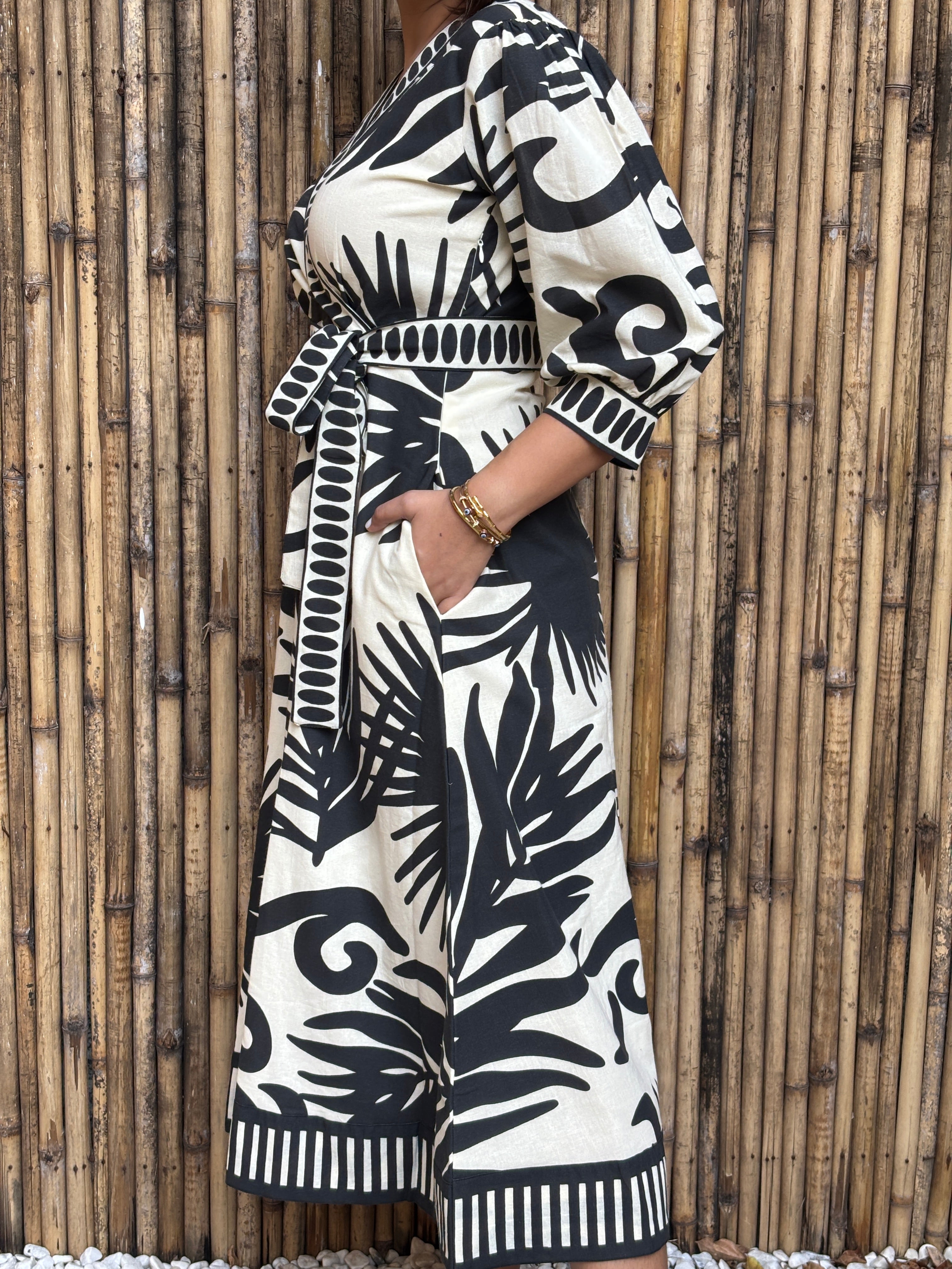 Black & Ivory Palm Cotton Midi Dress