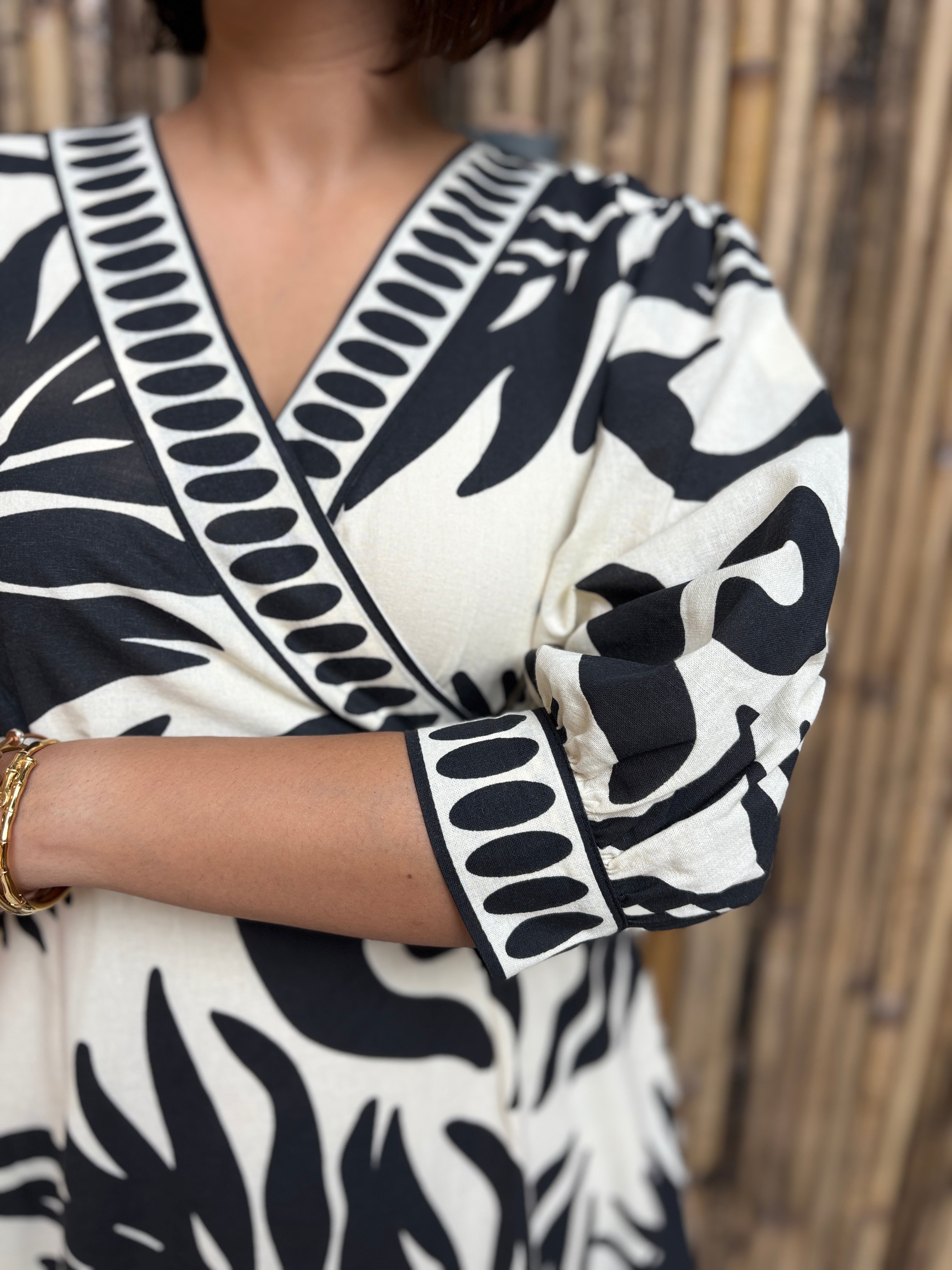 Black & Ivory Palm Cotton Midi Dress