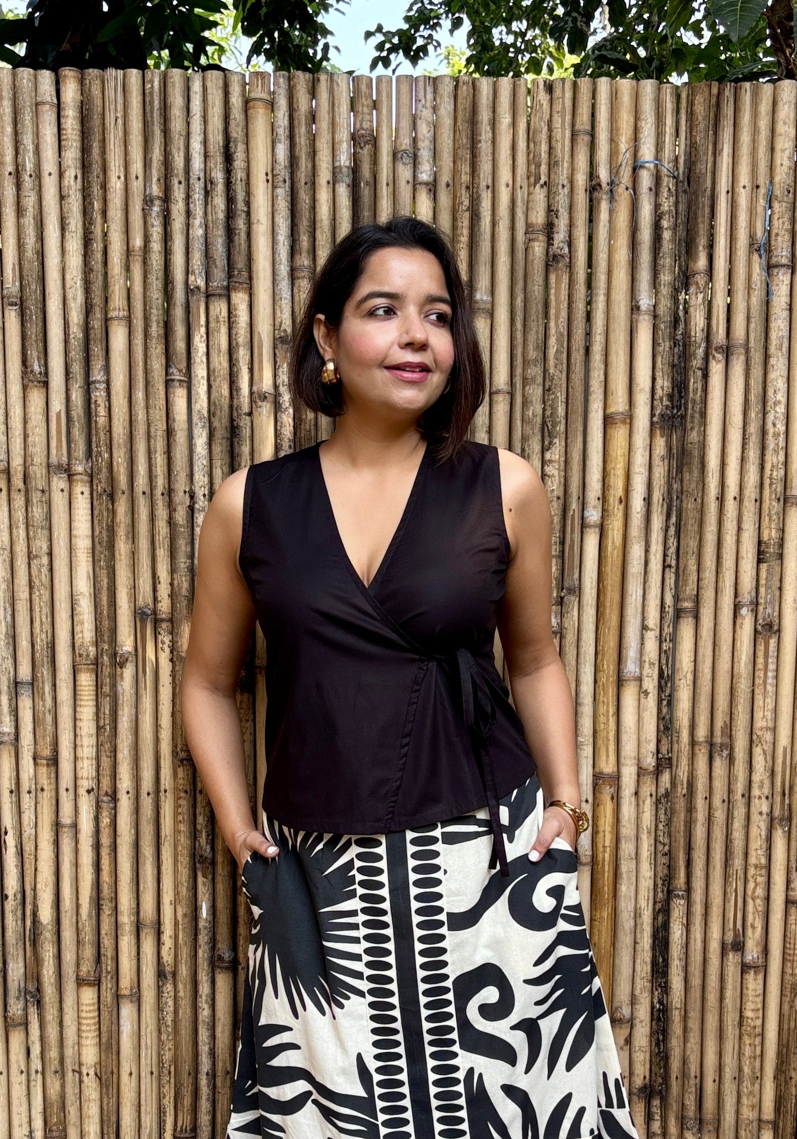 Black Cotton Wrap Top