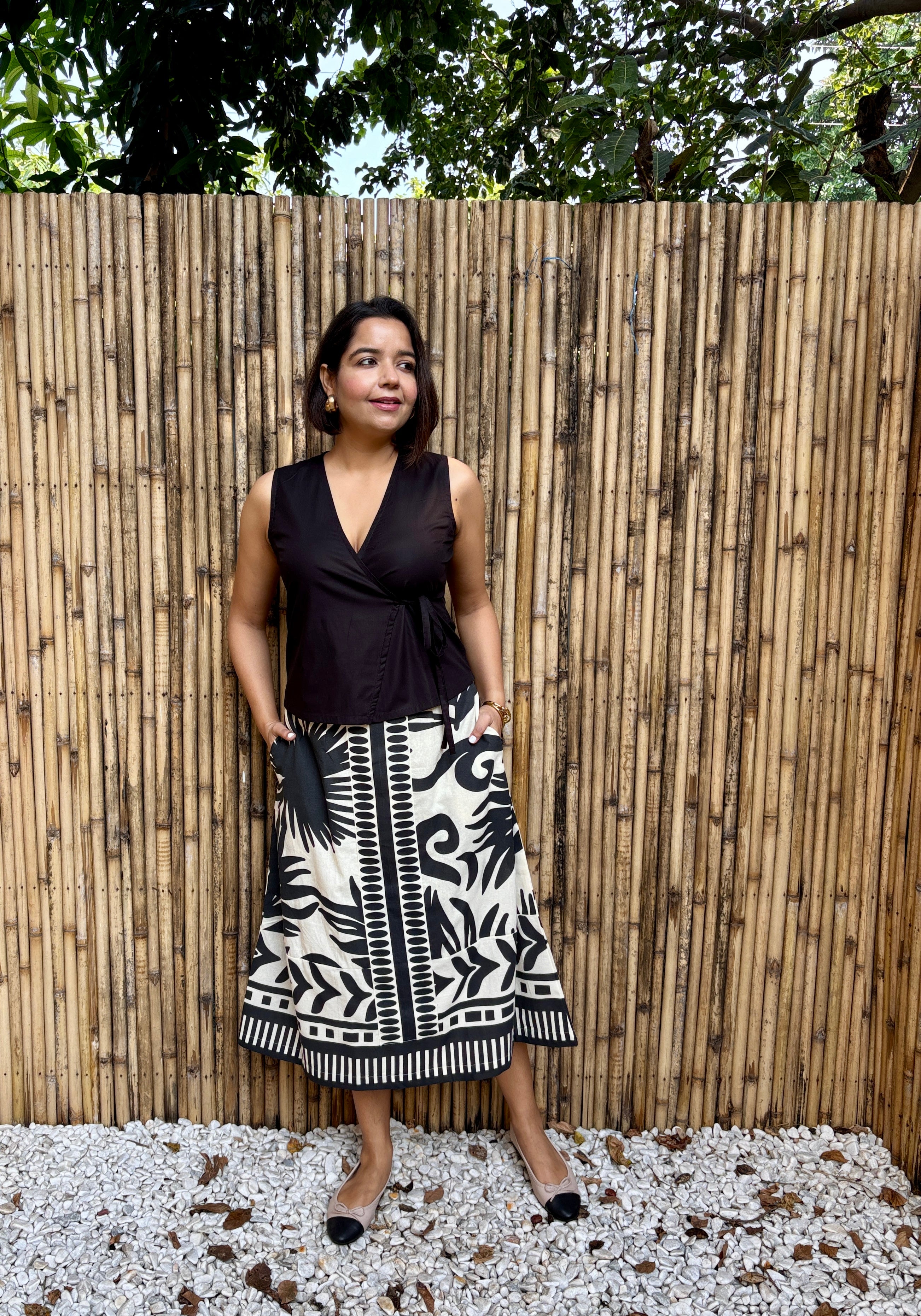 Black & Ivory Tropical Palm Cotton Midi Skirt