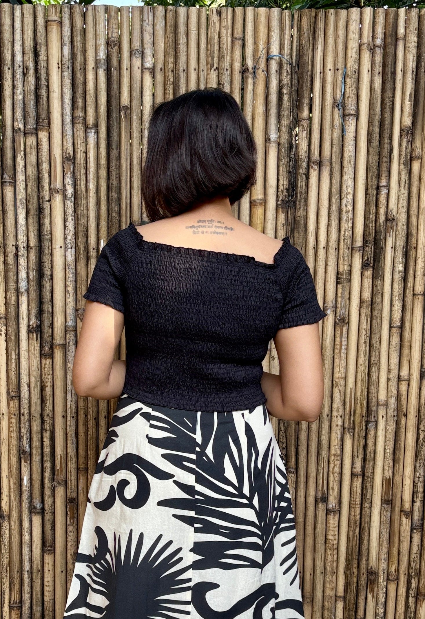 Black Cotton Smocked Boat Neck Top