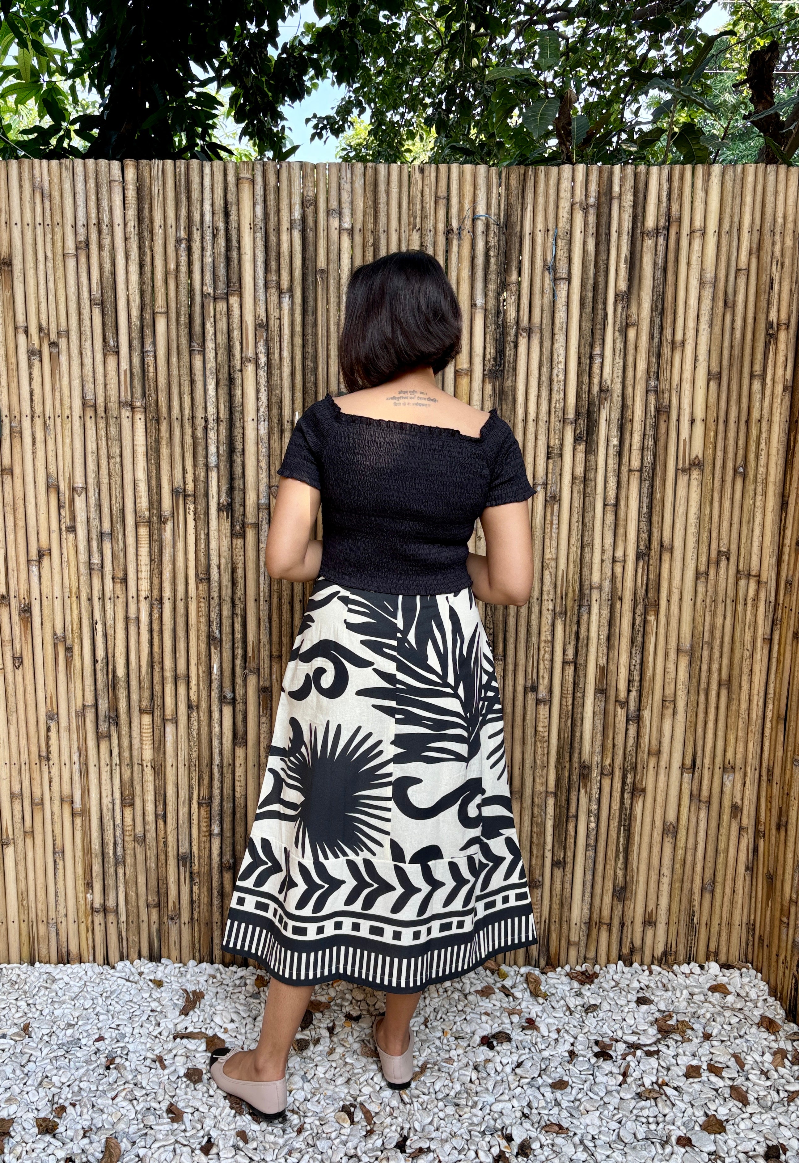 Black & Ivory Tropical Palm Cotton Midi Skirt