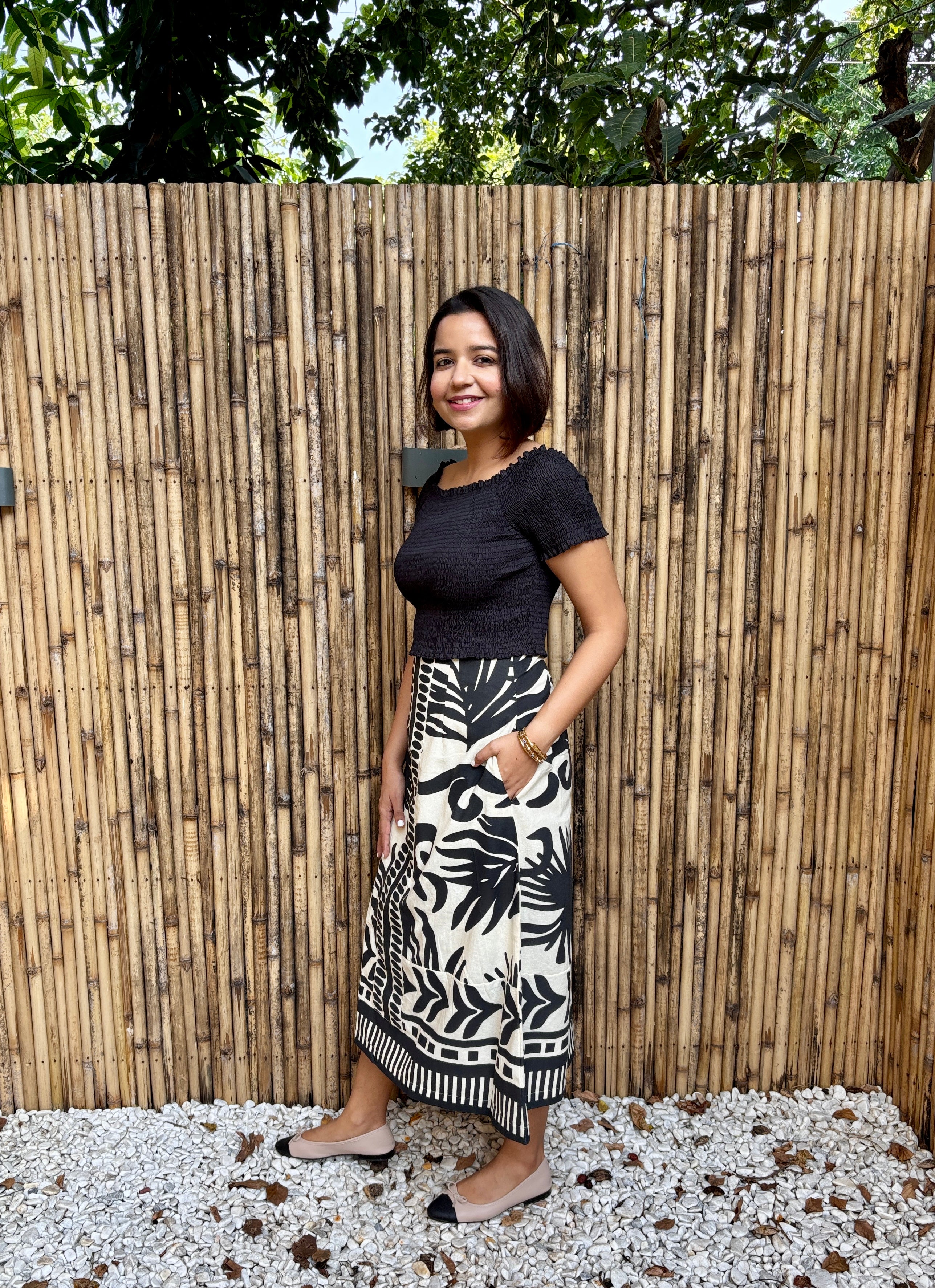 Black & Ivory Tropical Palm Cotton Midi Skirt