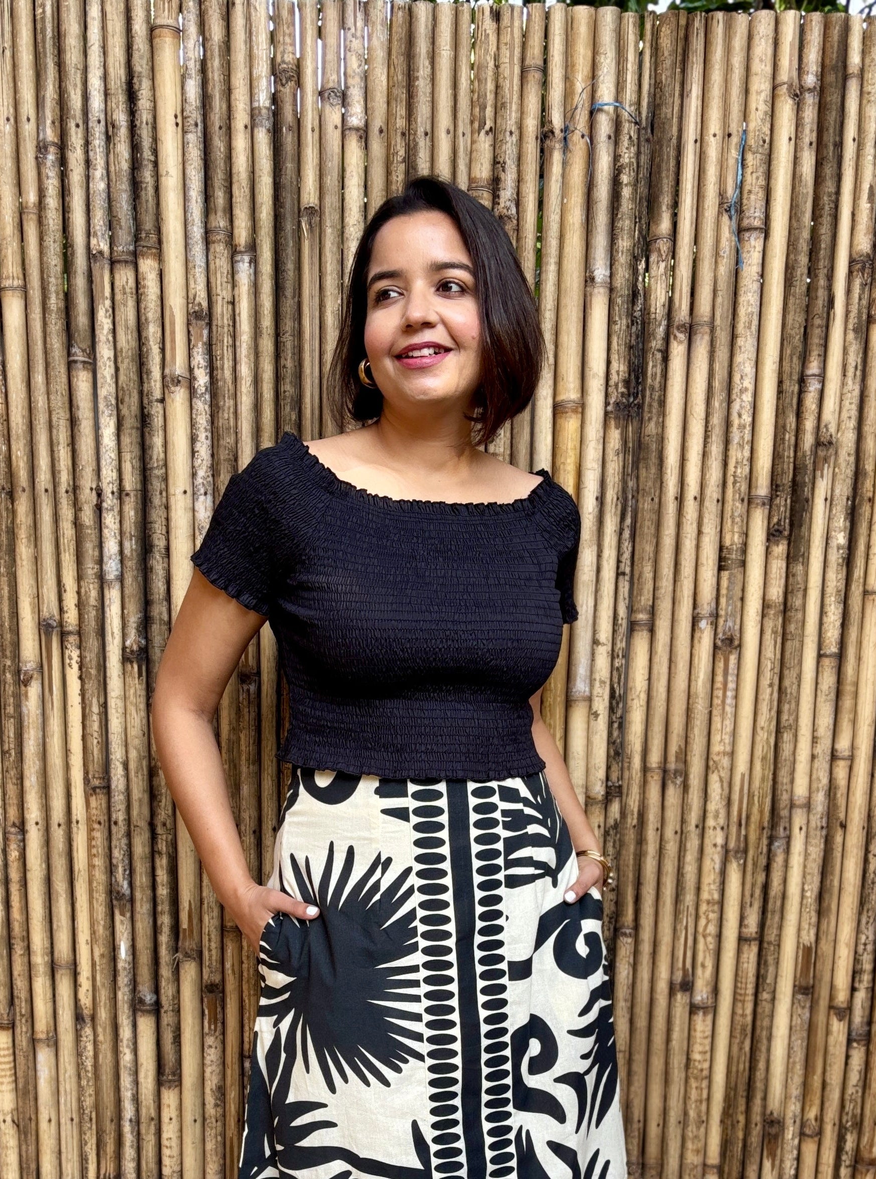 Black Cotton Smocked Boat Neck Top