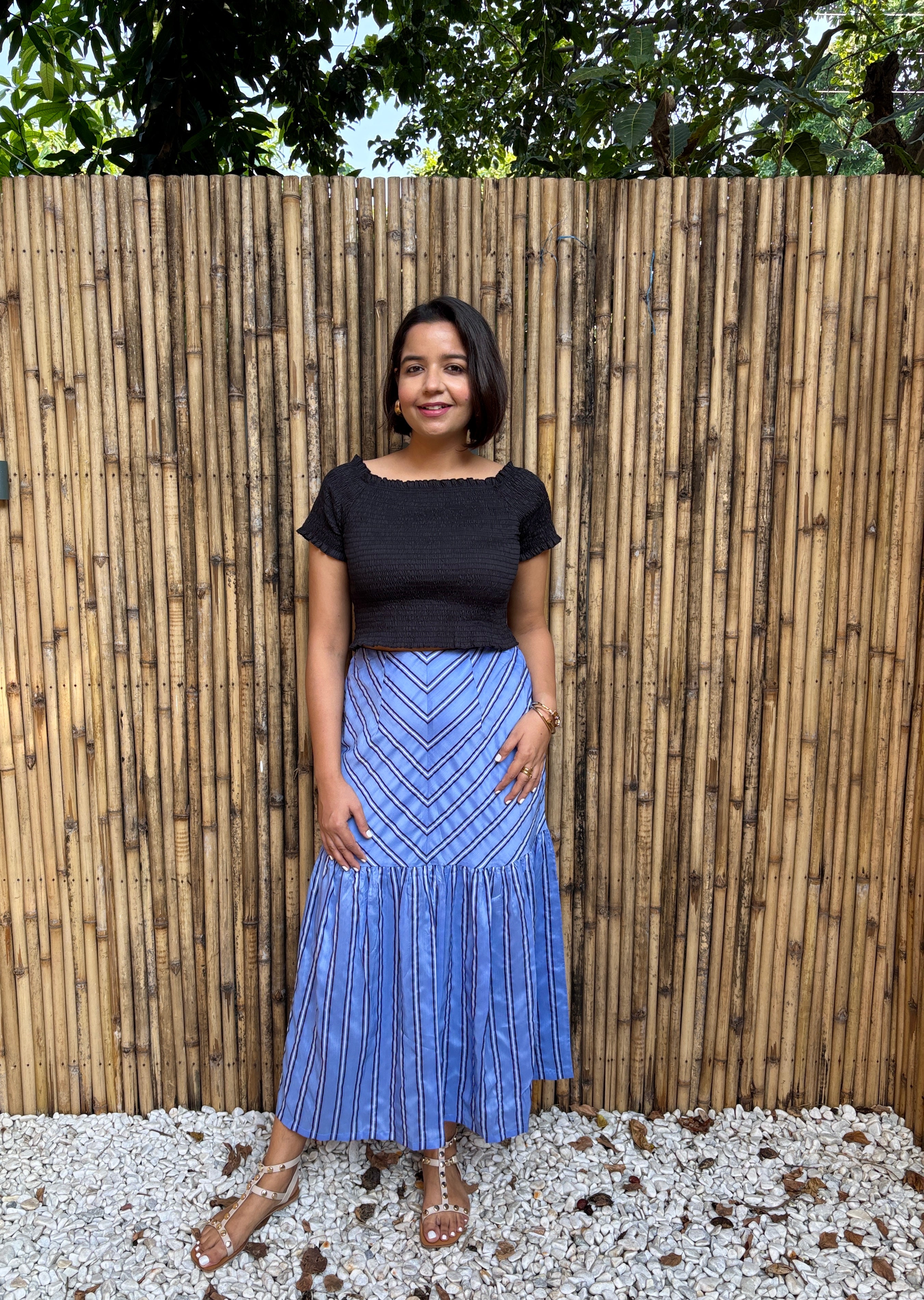 Blue Striped Tiered Midi Skirt