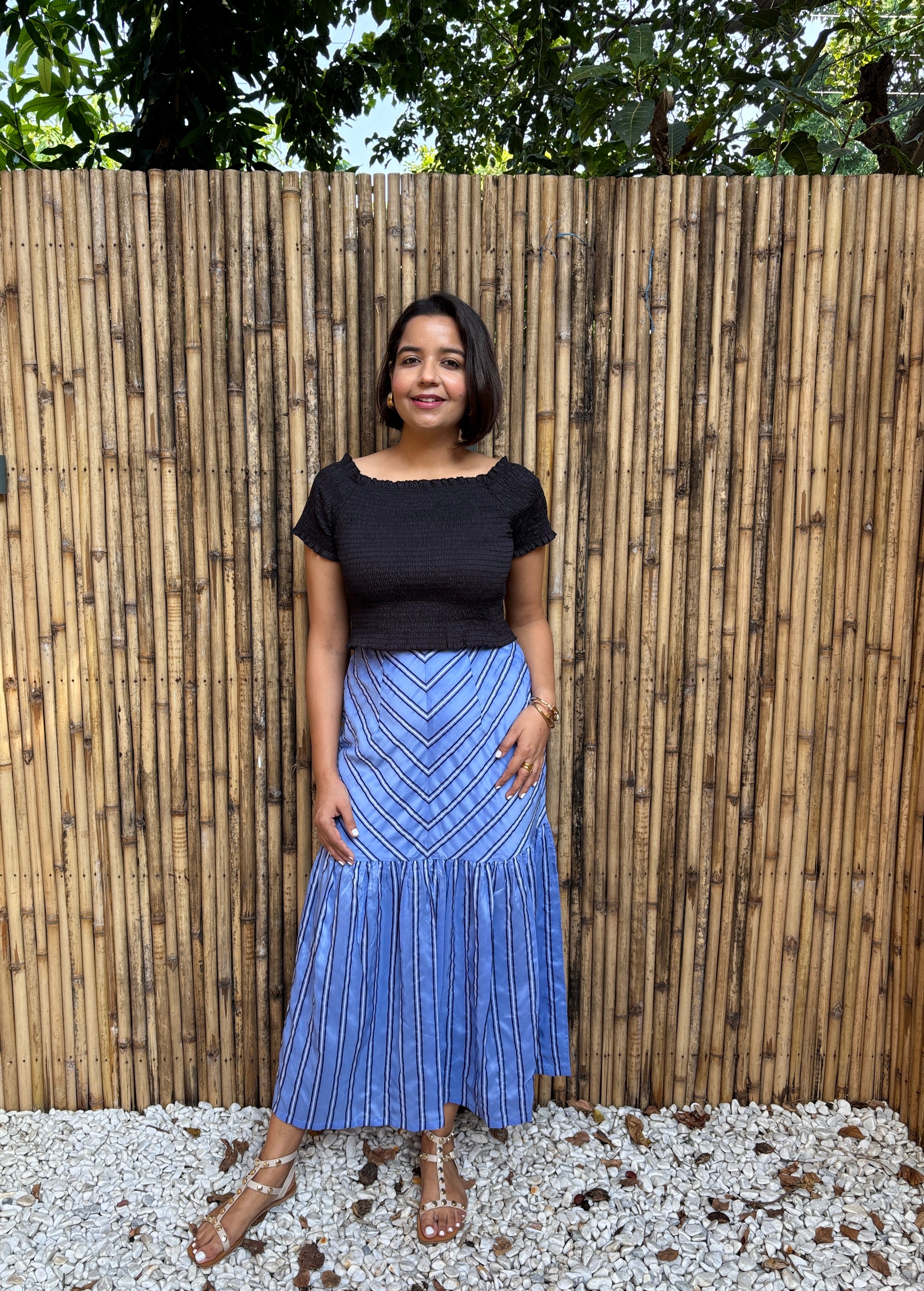 Blue Striped Tiered Midi Skirt