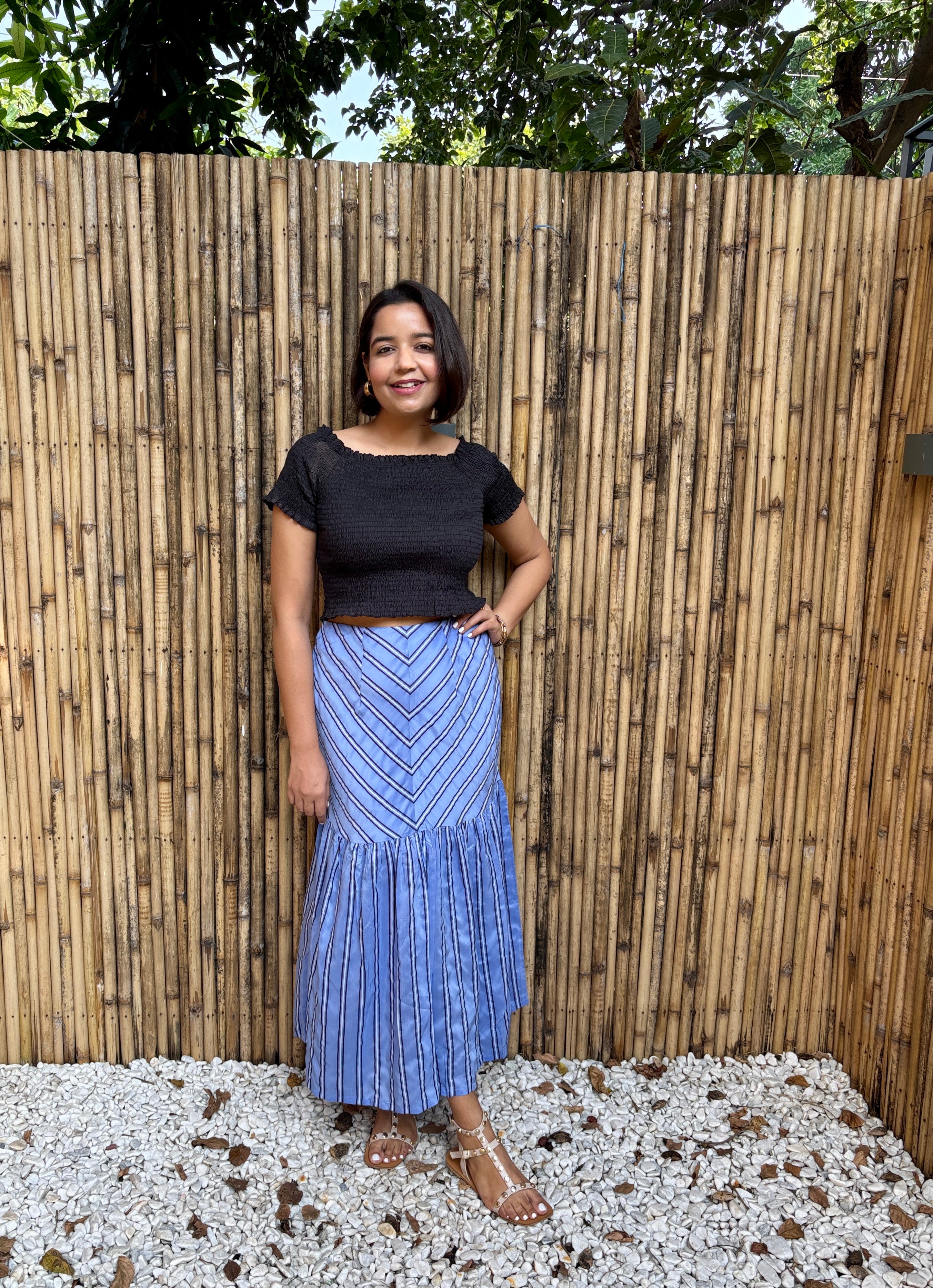 Blue Striped Tiered Midi Skirt