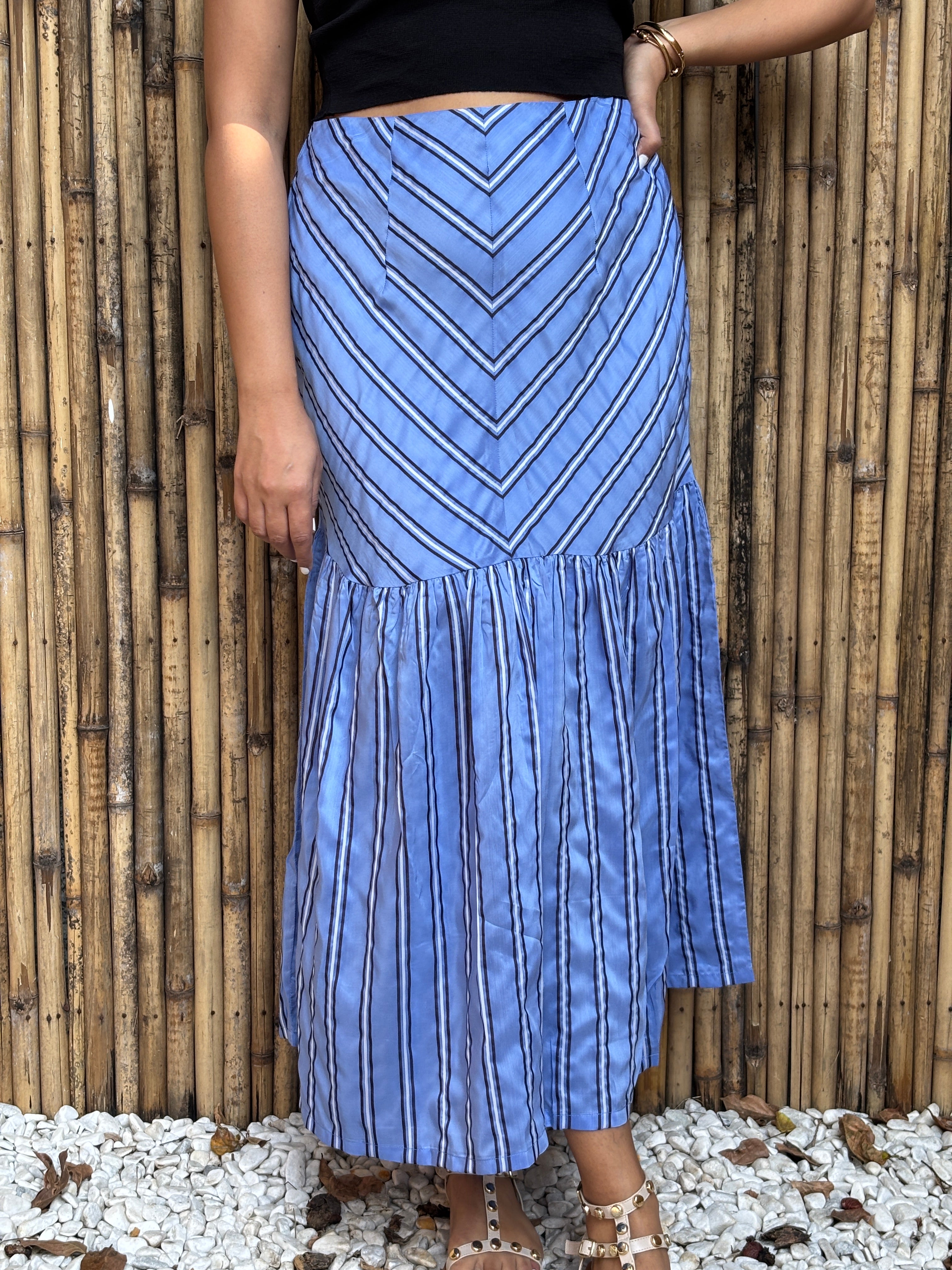 Blue Striped Tiered Midi Skirt
