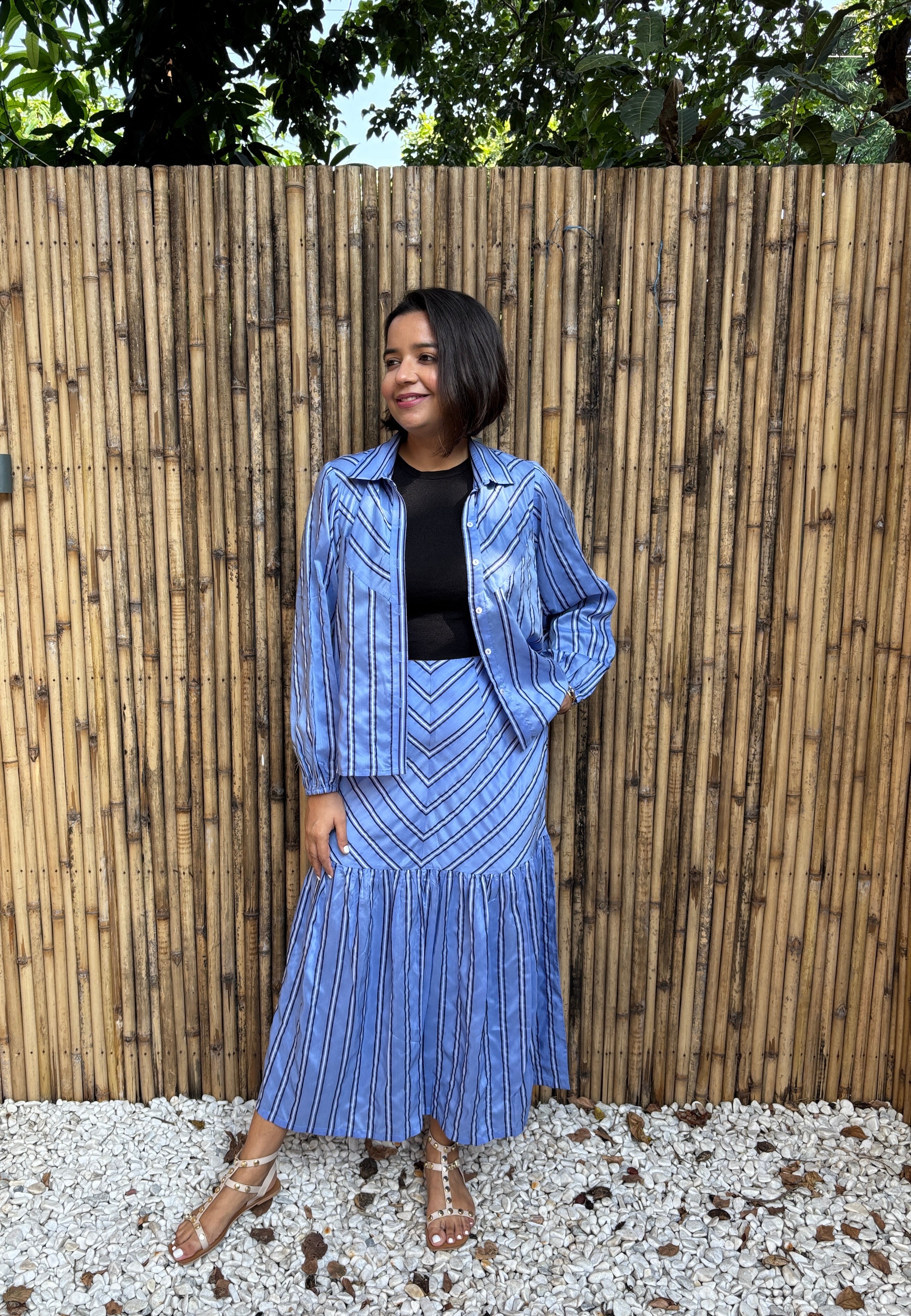 Blue Striped Tiered Midi Skirt