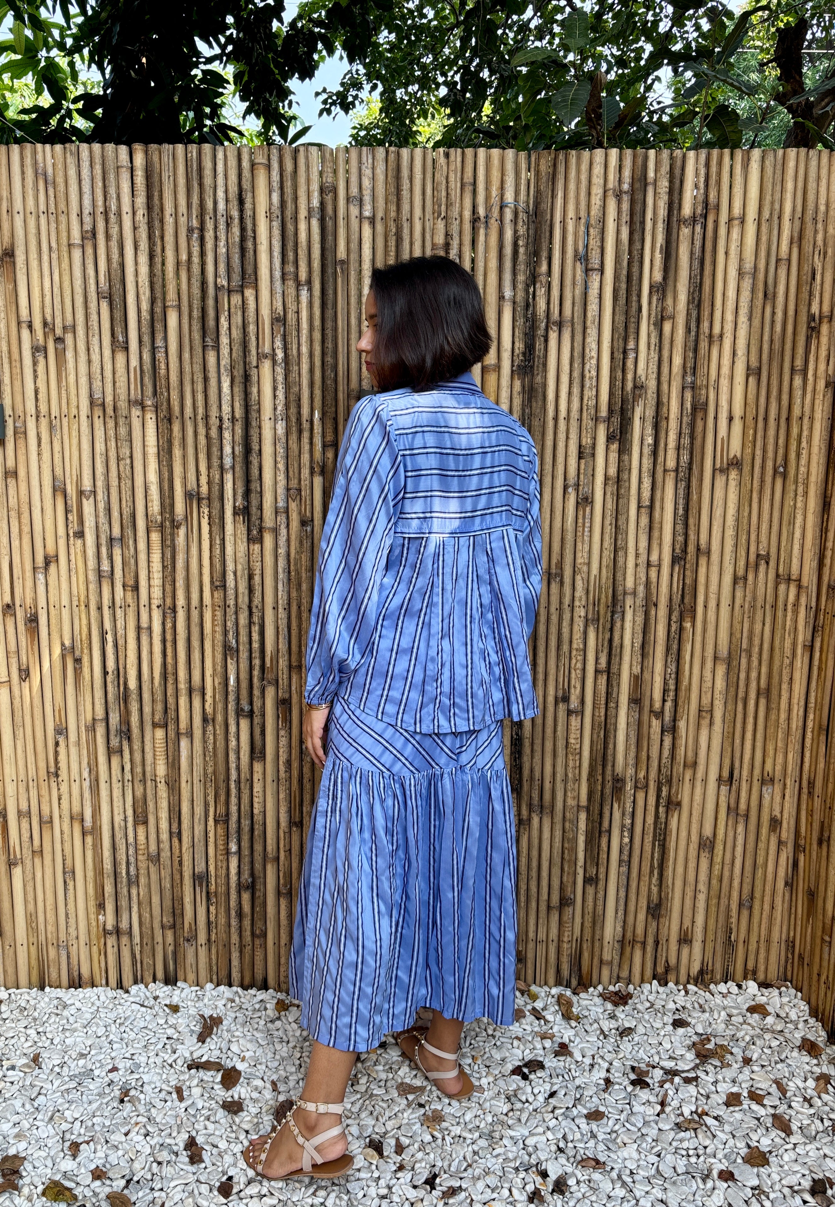 Blue Striped Tiered Midi Skirt