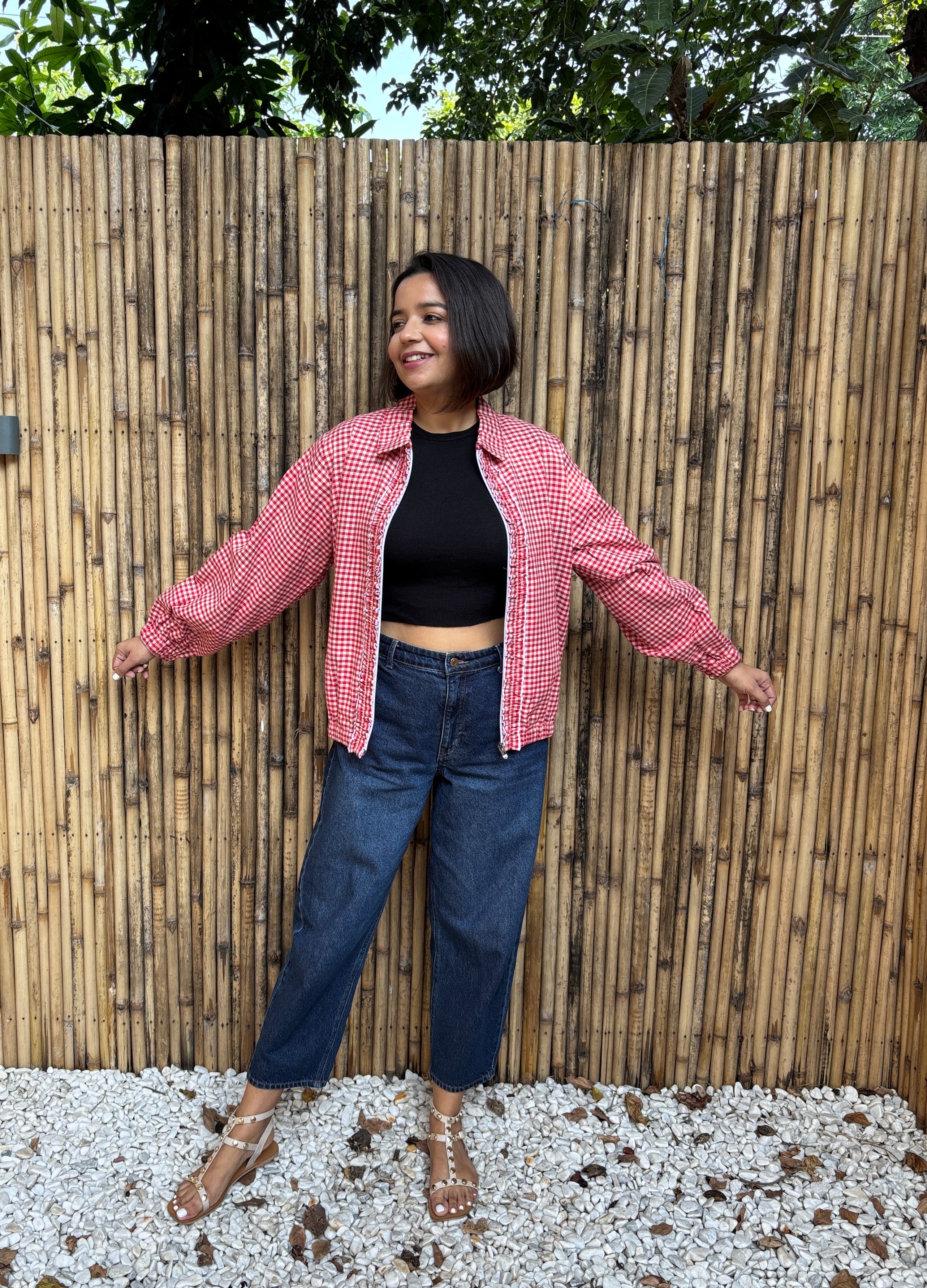 Red Gingham Checks Frill Jacket
