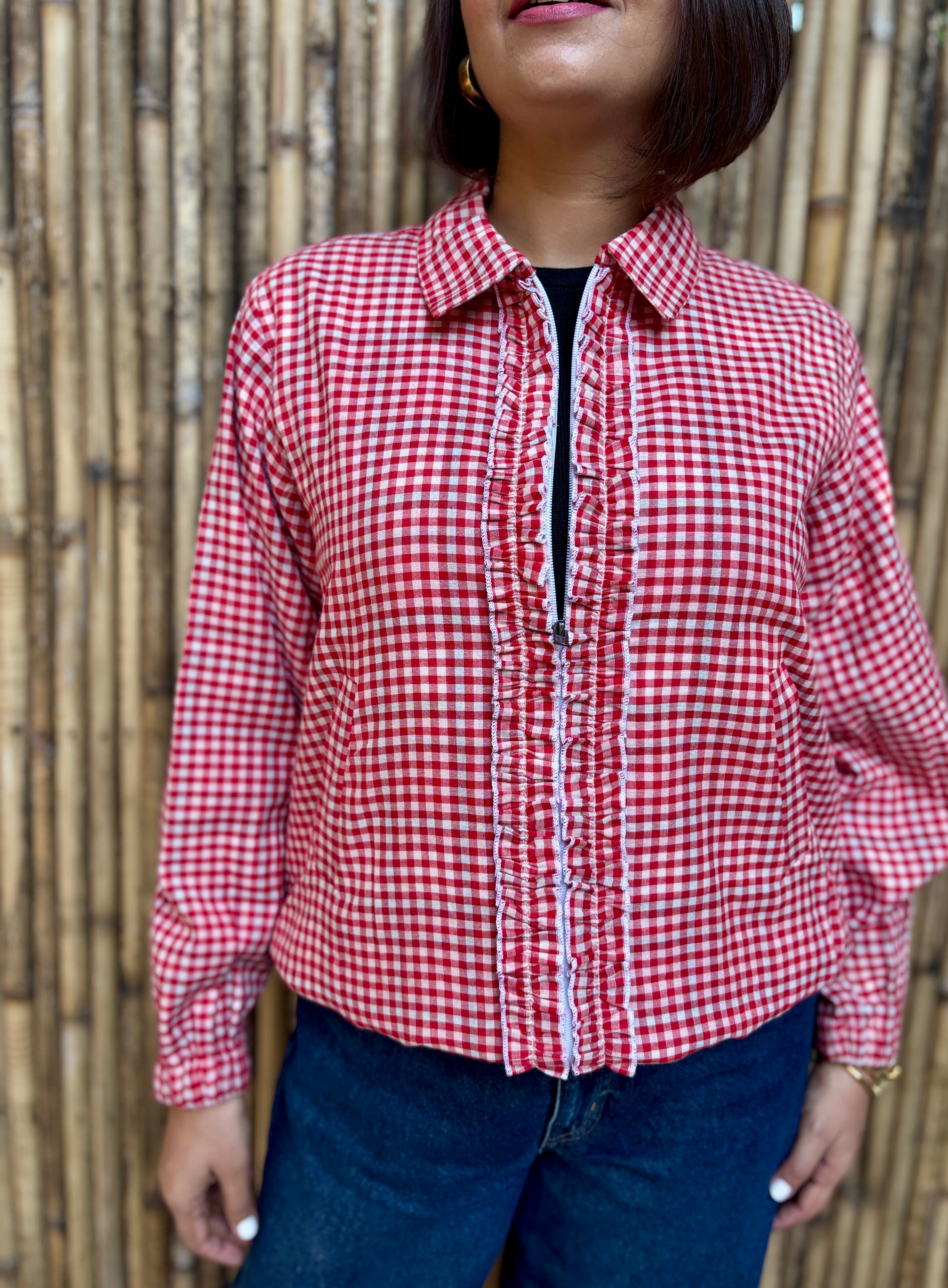 Red Gingham Checks Frill Jacket