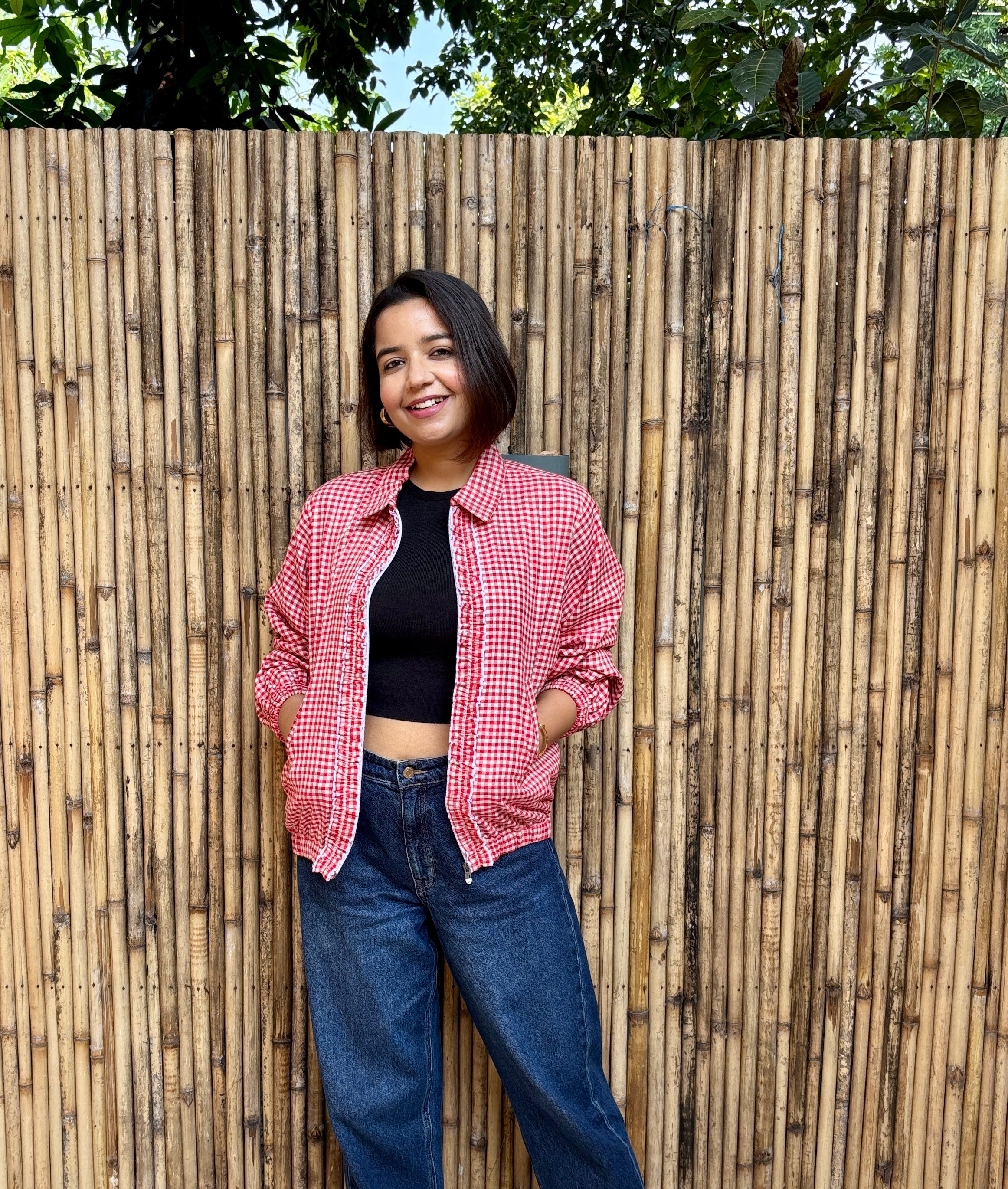 Red Gingham Checks Frill Jacket