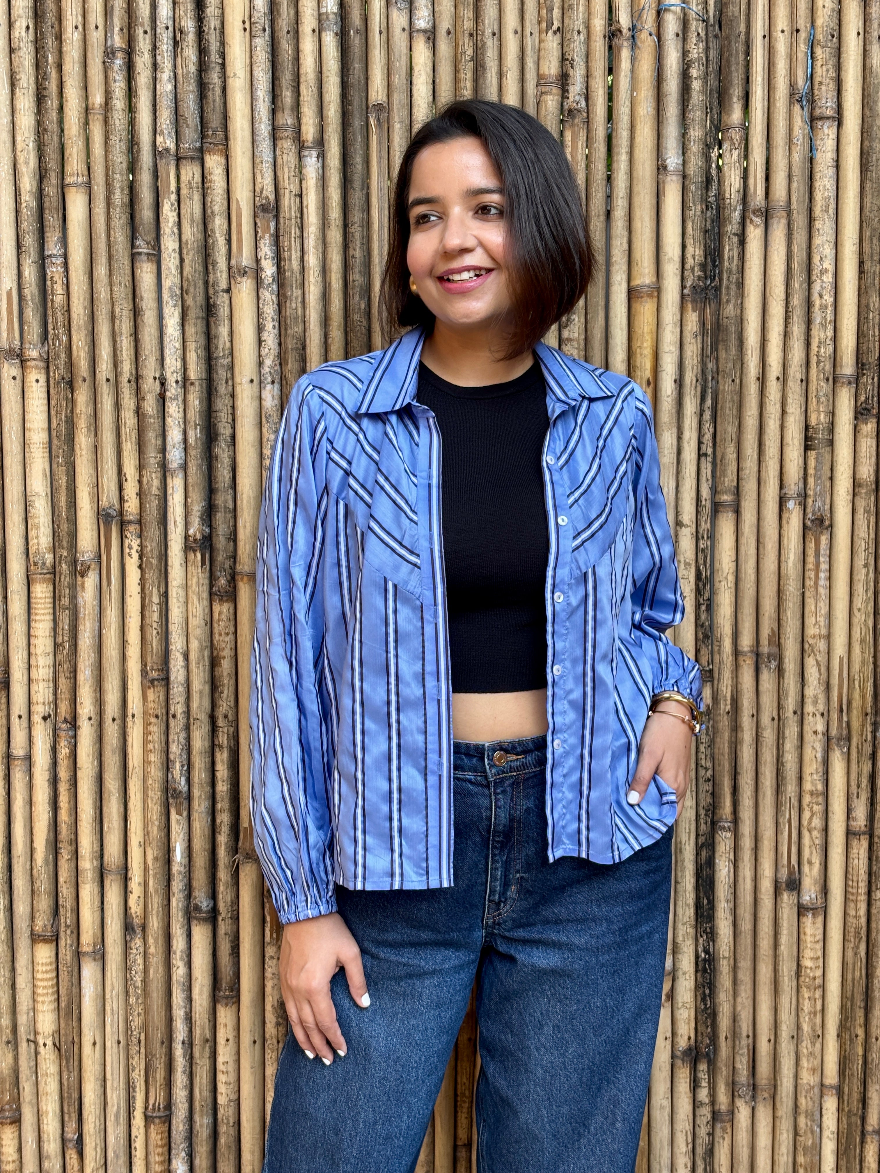 Blue Azure Stripe High-Low Shirt