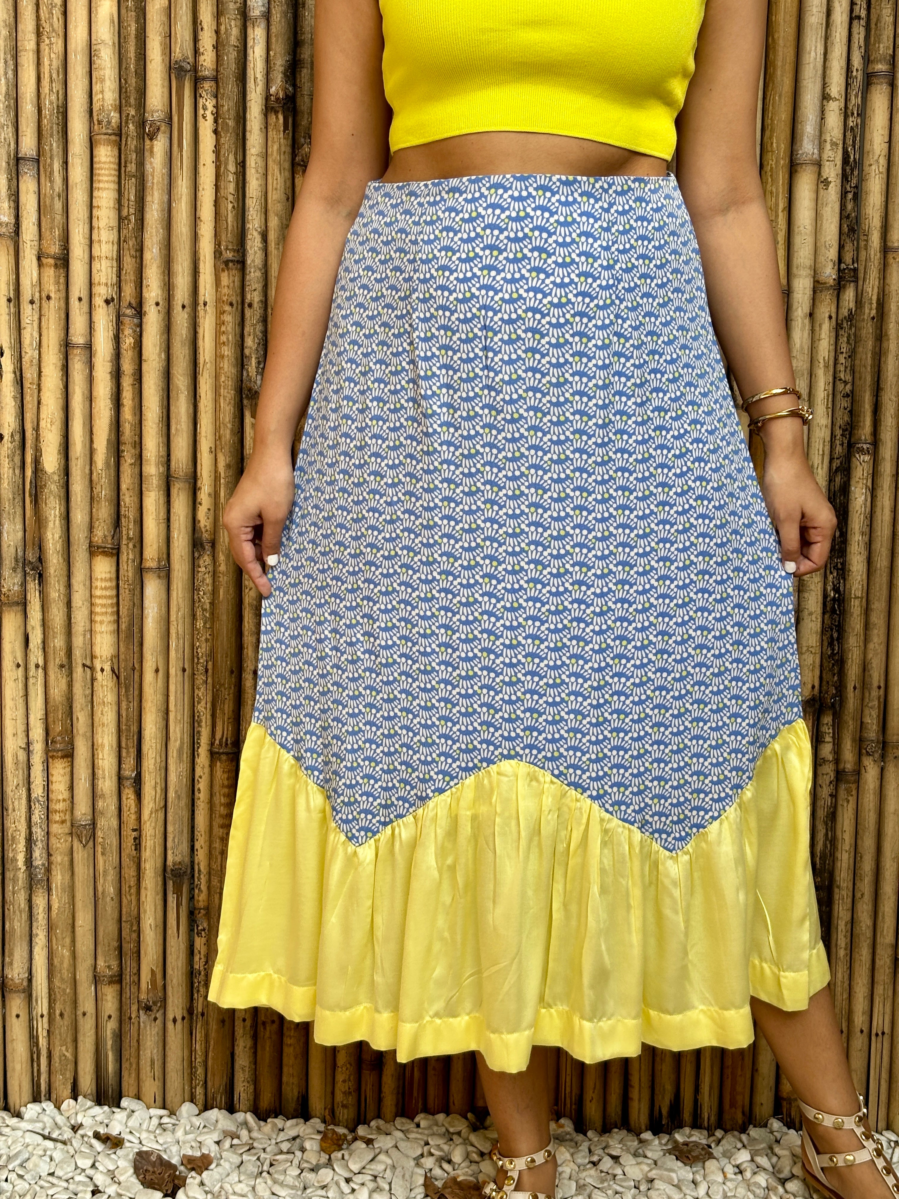 Blue & Yellow Contrast Zig Zag Midi Skirt