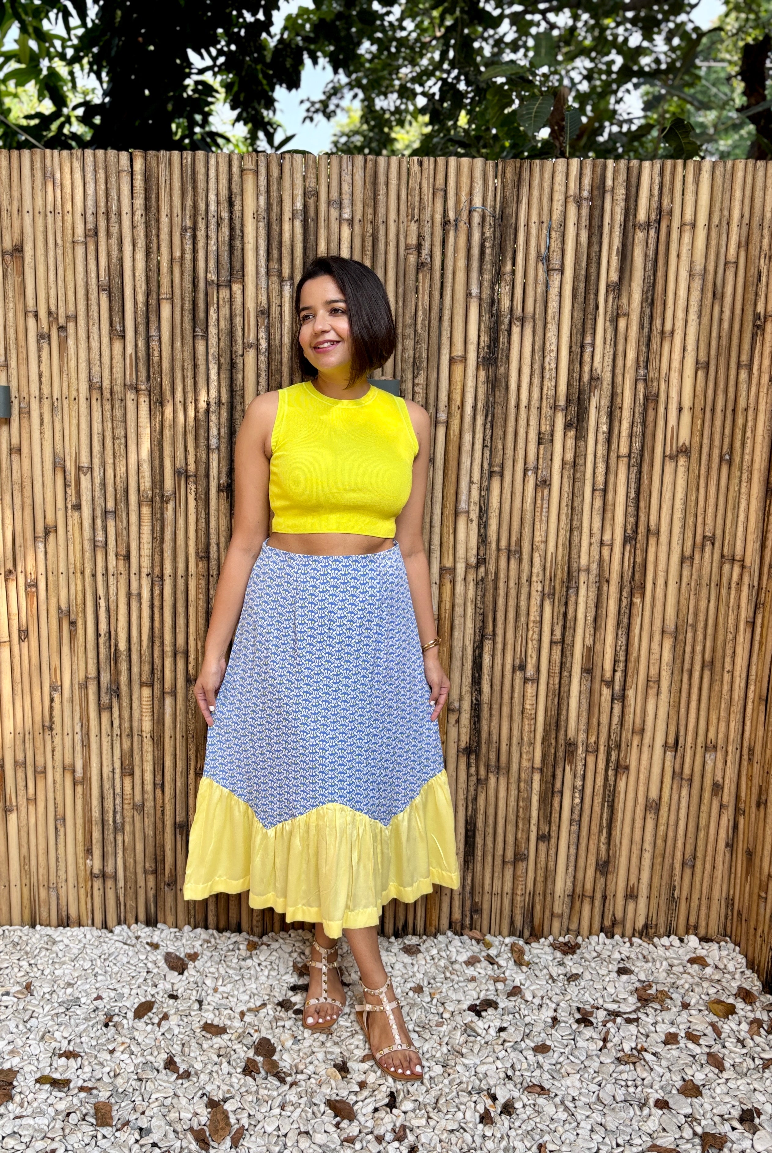 Blue & Yellow Contrast Zig Zag Midi Skirt