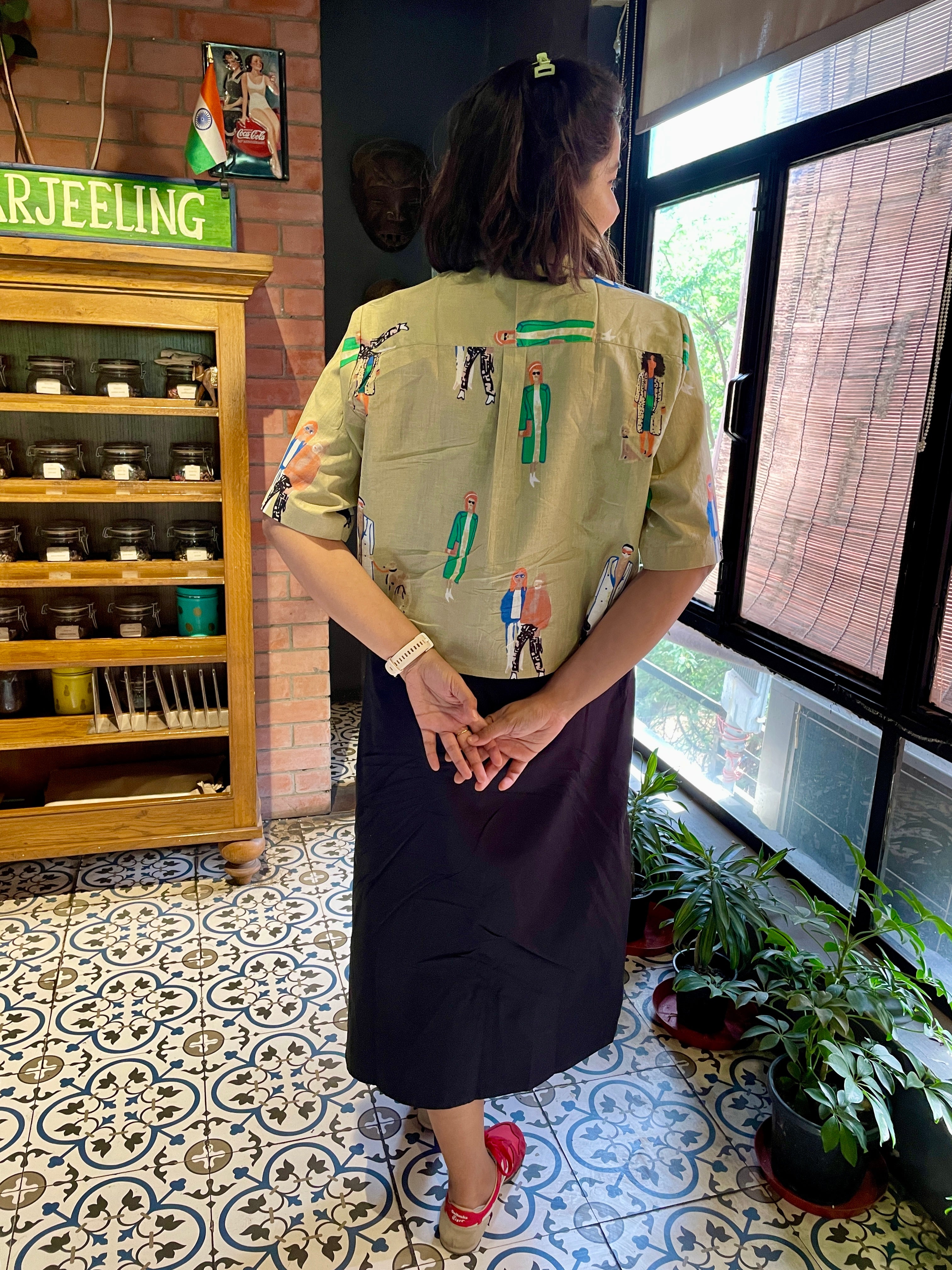Brown Quirky Printed Cotton Crop Shirt