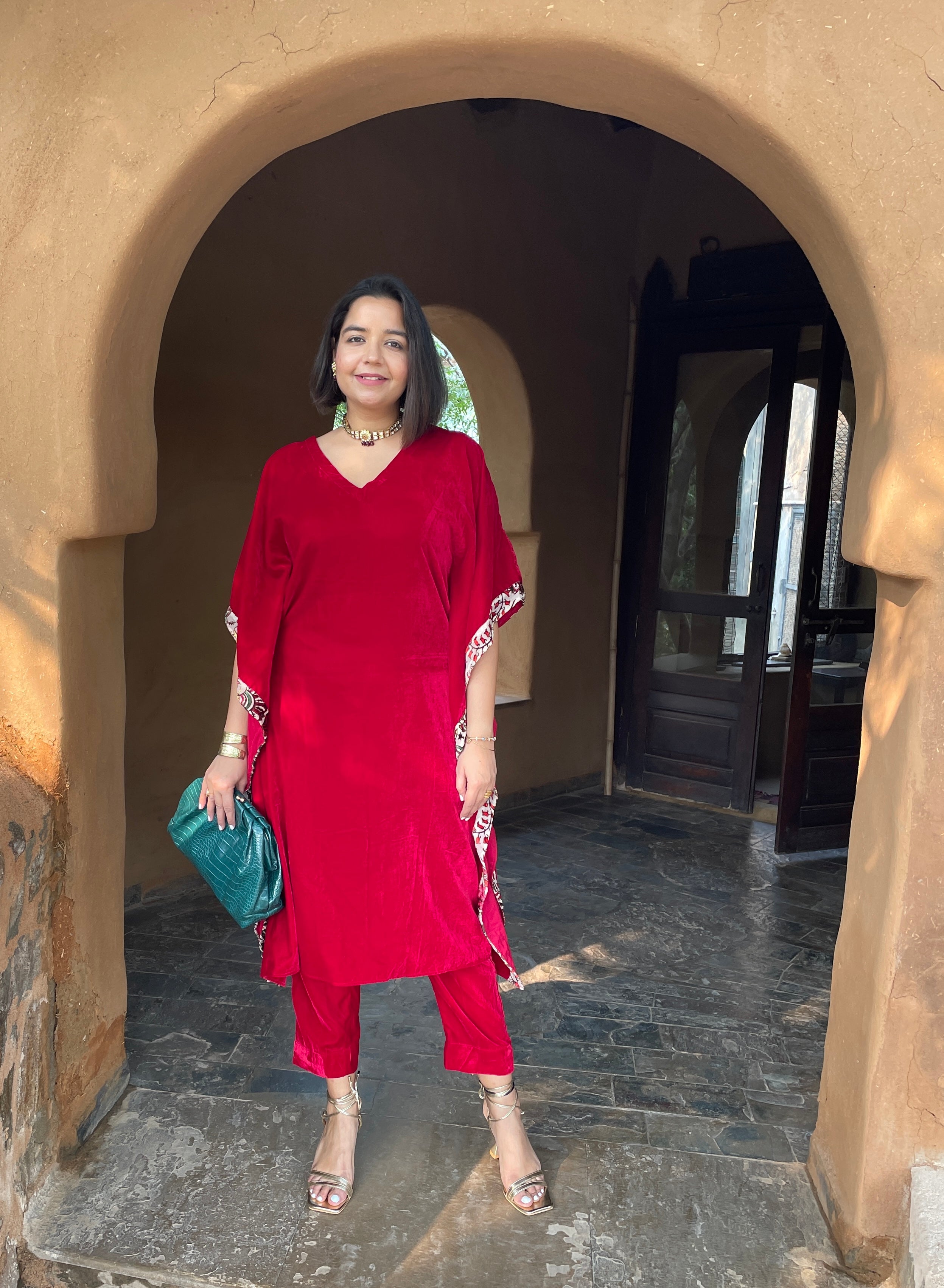 Red Velvet Kaftan Kurta Set image 0