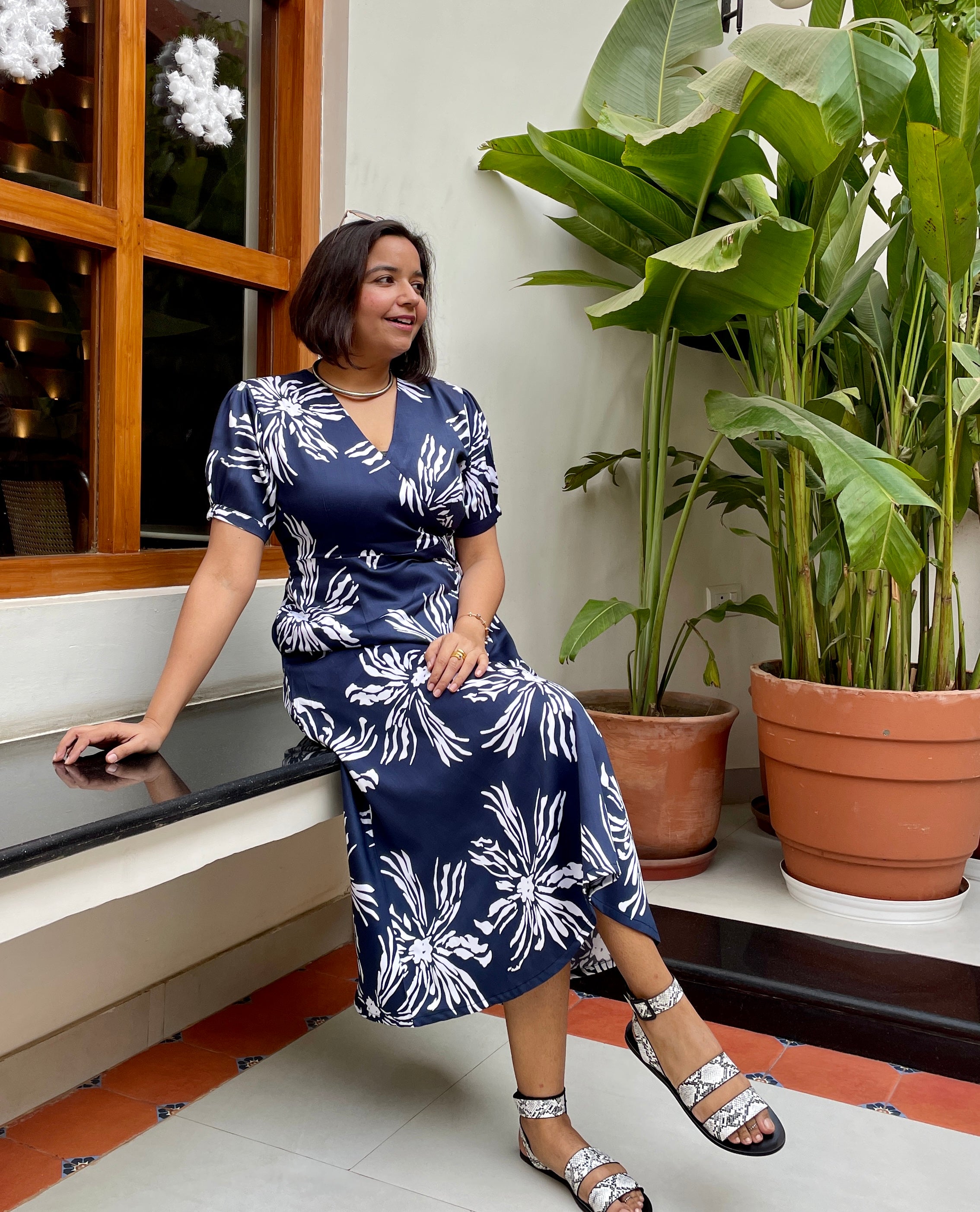 Navy Blue Floral Printed Midi Dress image 4