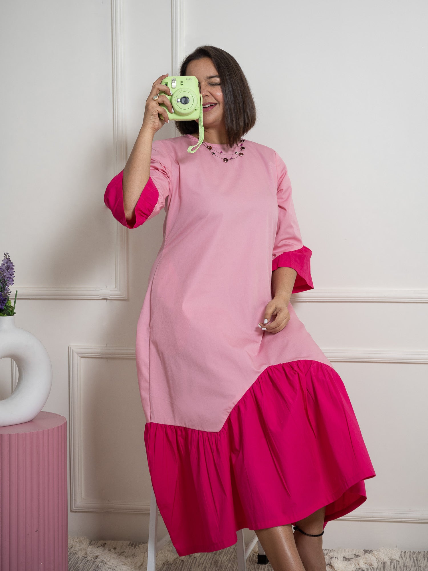 Solid Pink Zigzag Midi Dress image 3