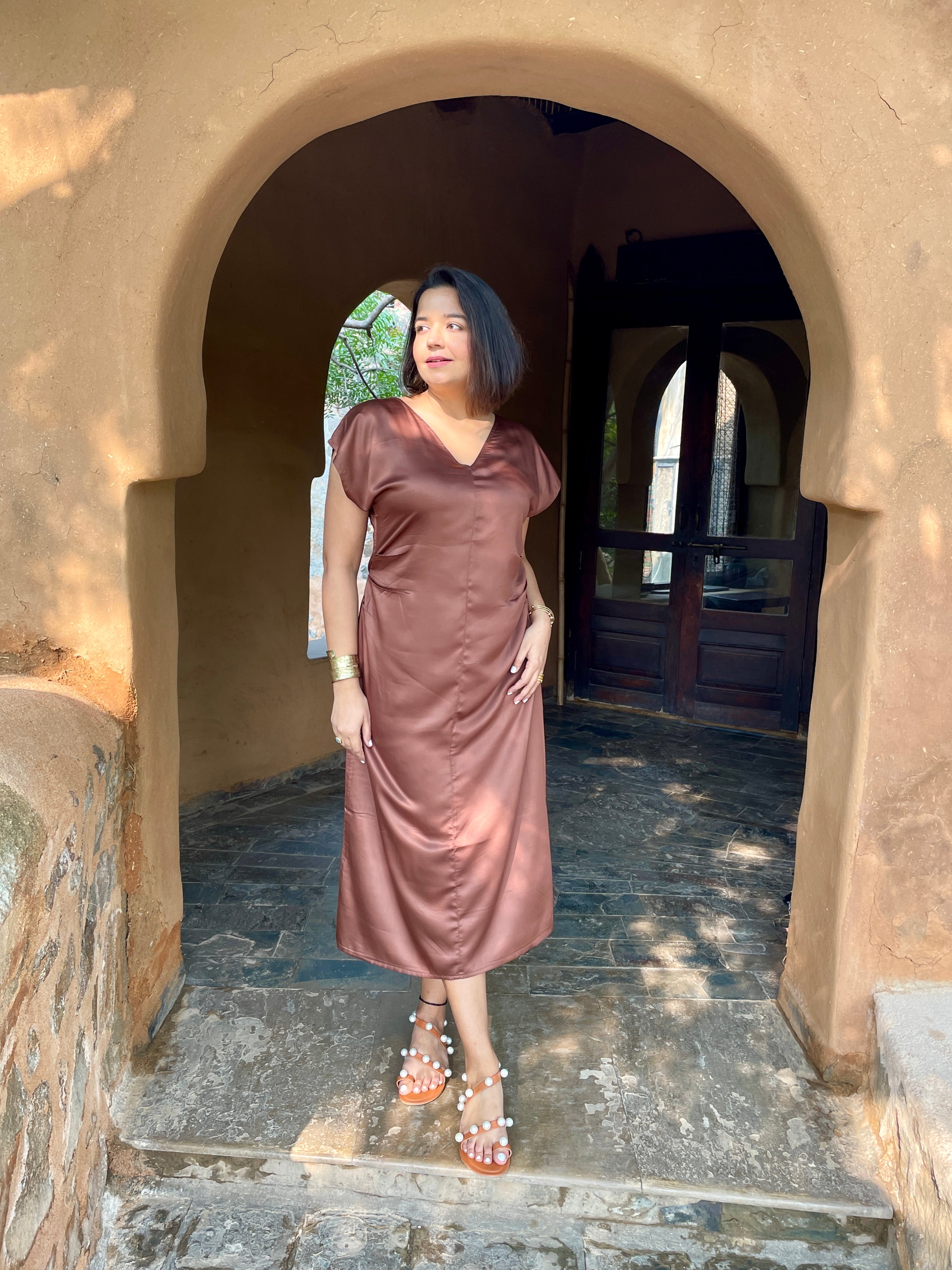 Brown Satin Midi Dress image 5