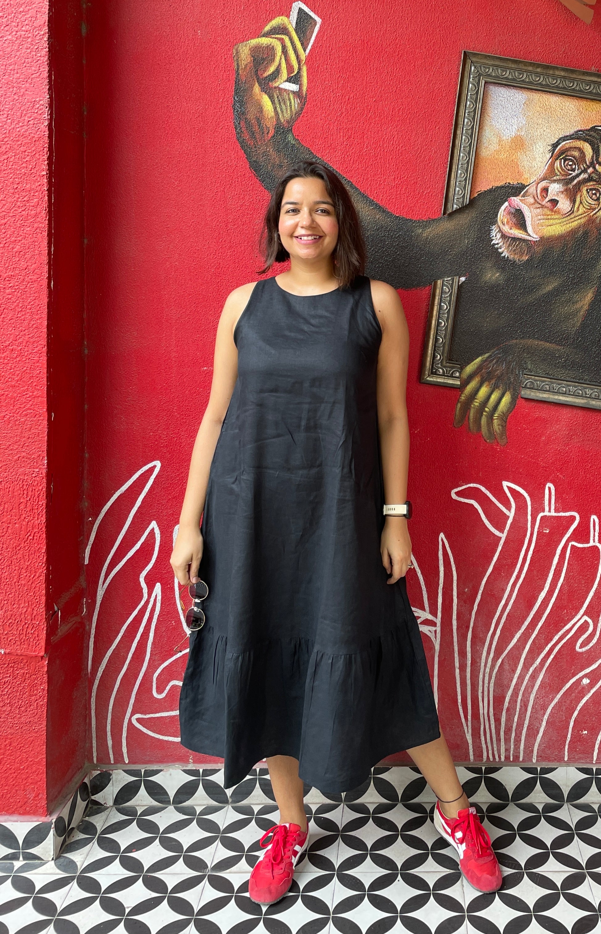 Linen Black A- Line Midi Dress image 2