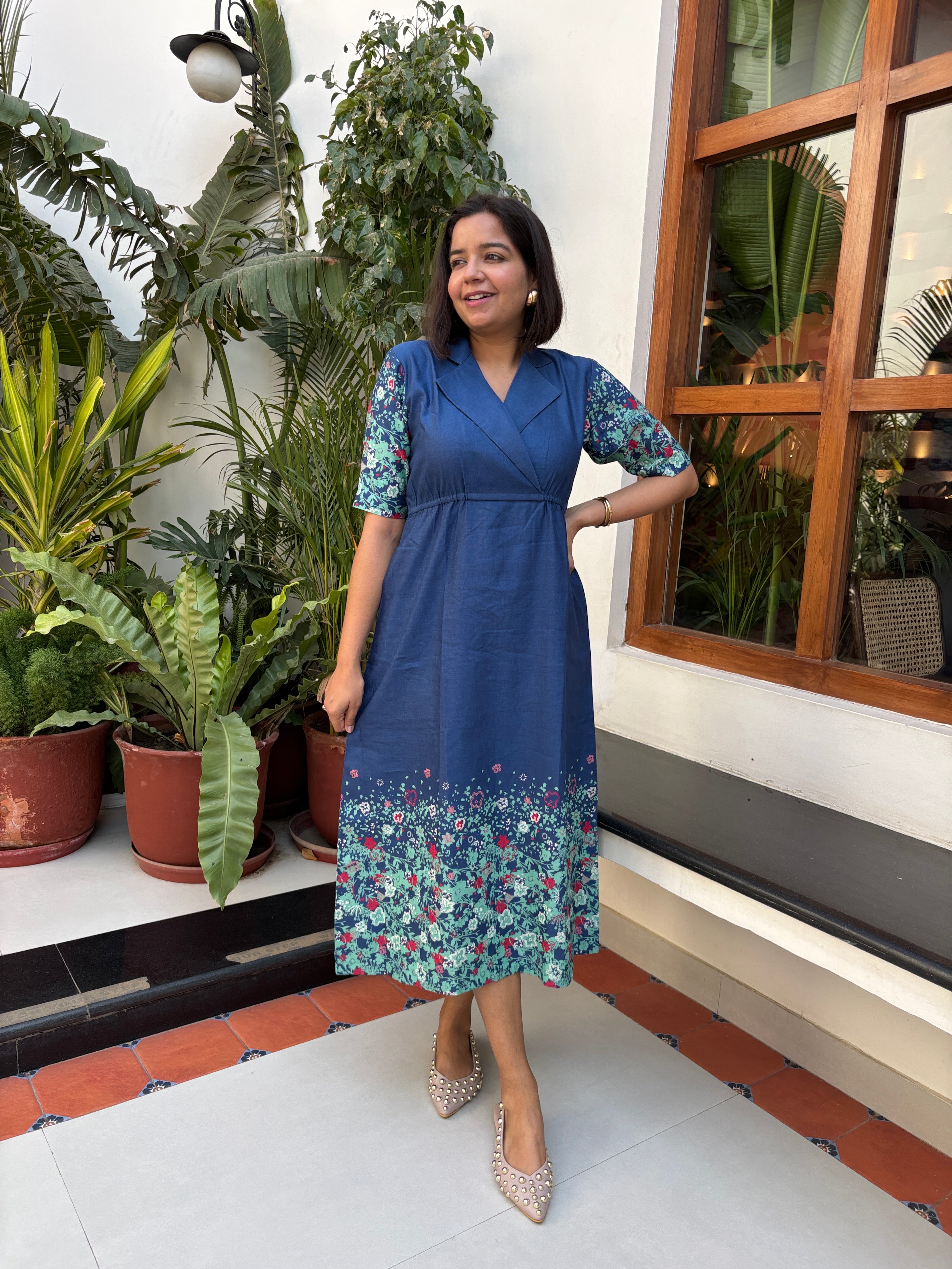 Dusky Blue Linen Printed Midi Dress image 4