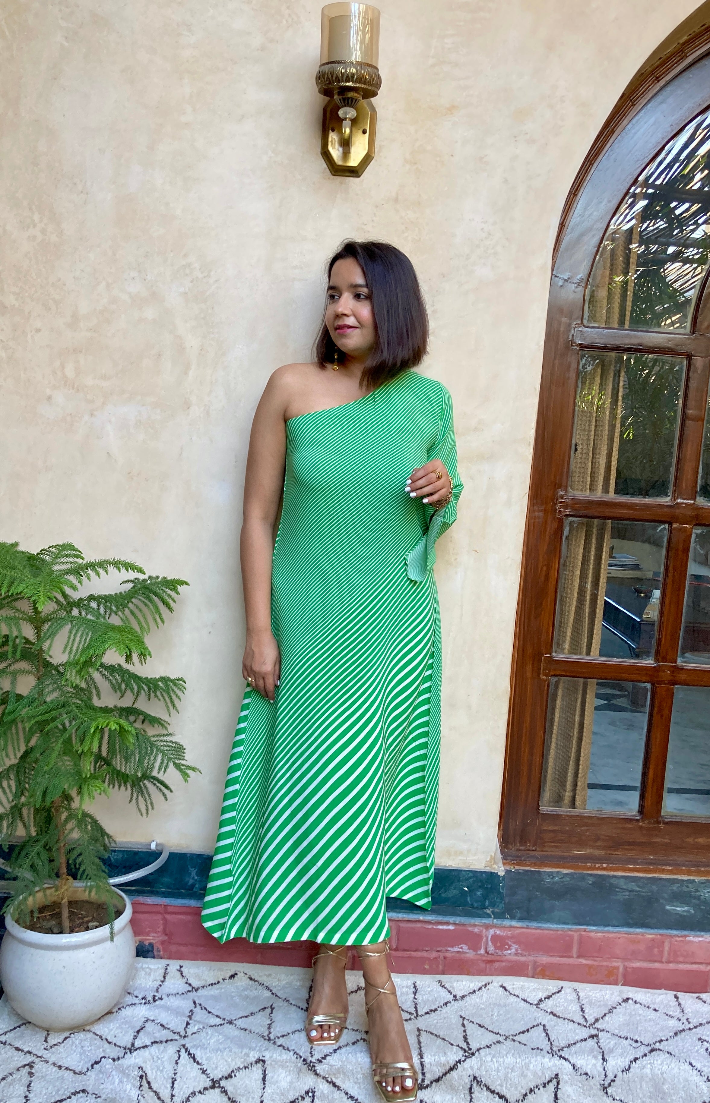 Green Stripe One Shoulder Maxi Dress image 4