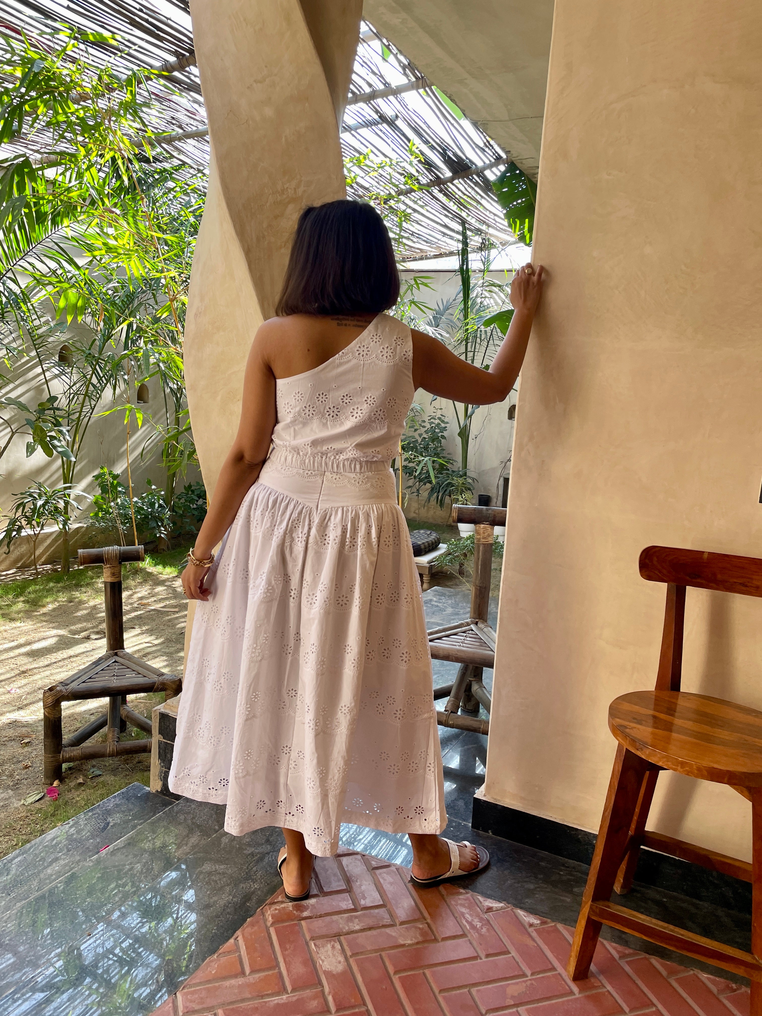 White Schiffli One Shoulder Top and Skirt Coord Set image 7