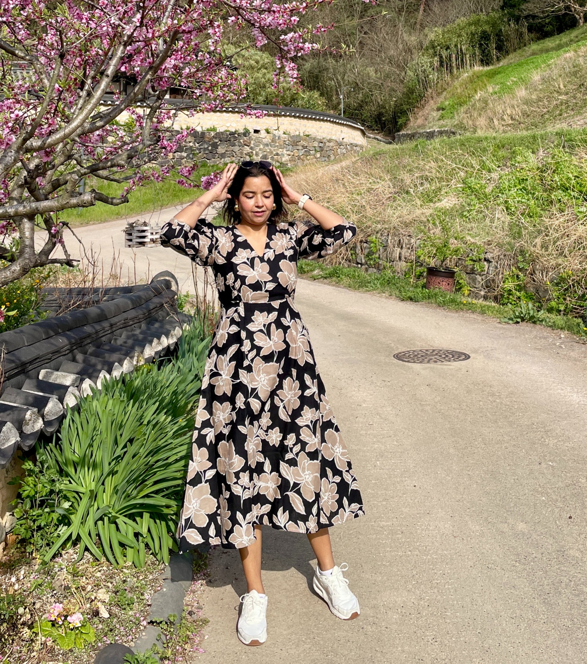 Beige Black Floral Midi Dress image 2
