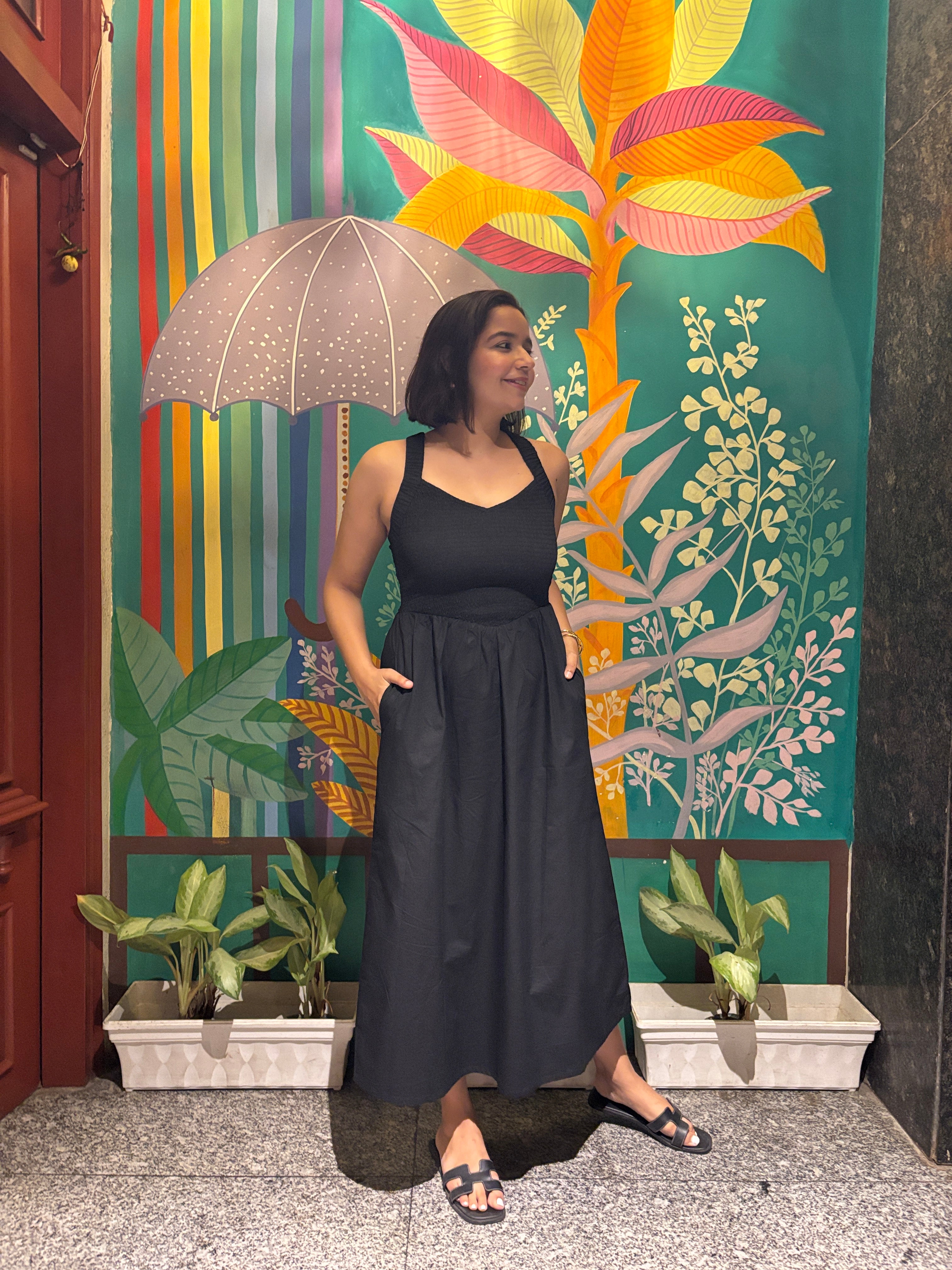 Noir Nights Black Smocked Cotton Midi Dress image 2