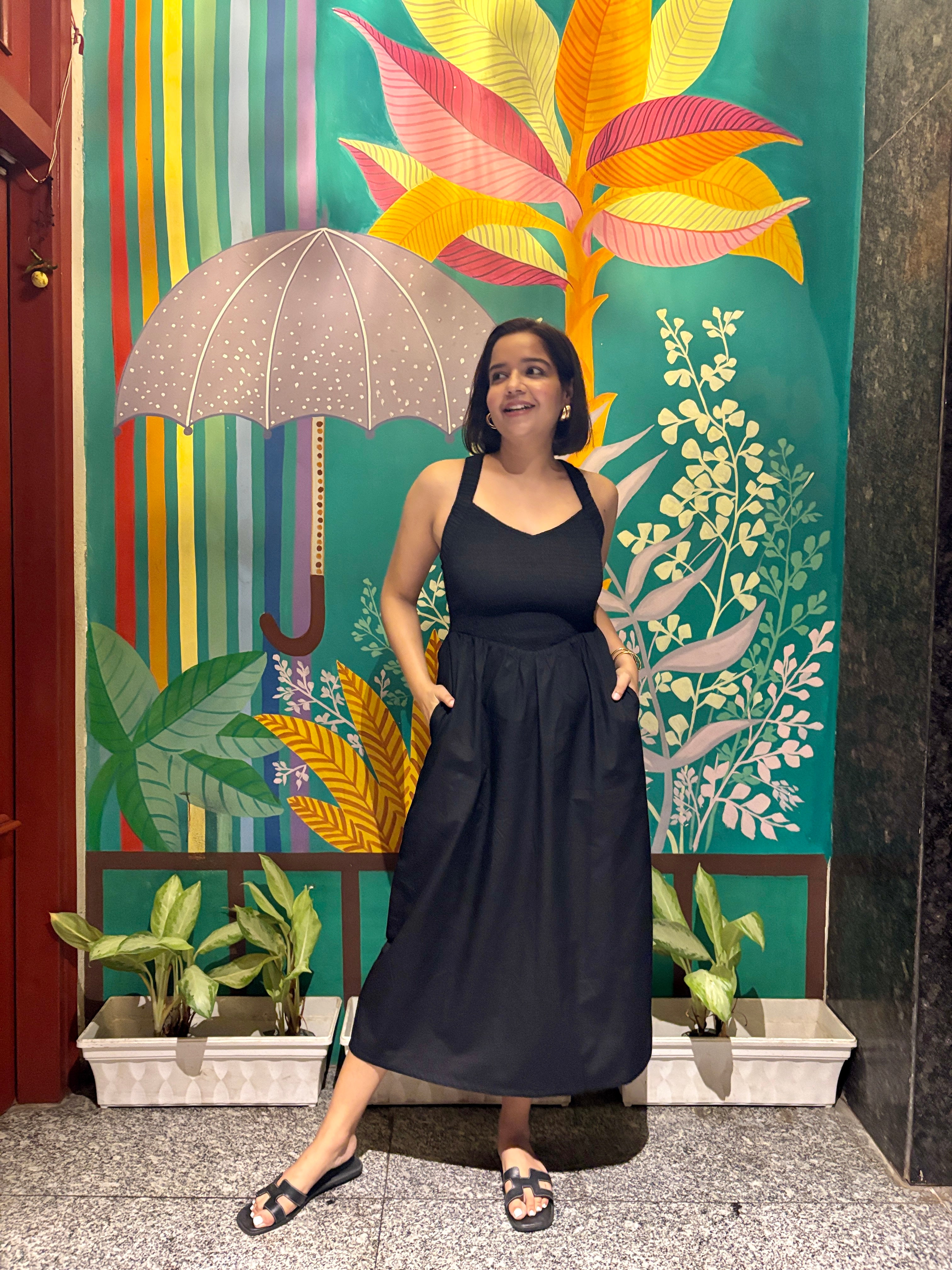 Noir Nights Black Smocked Cotton Midi Dress image 0