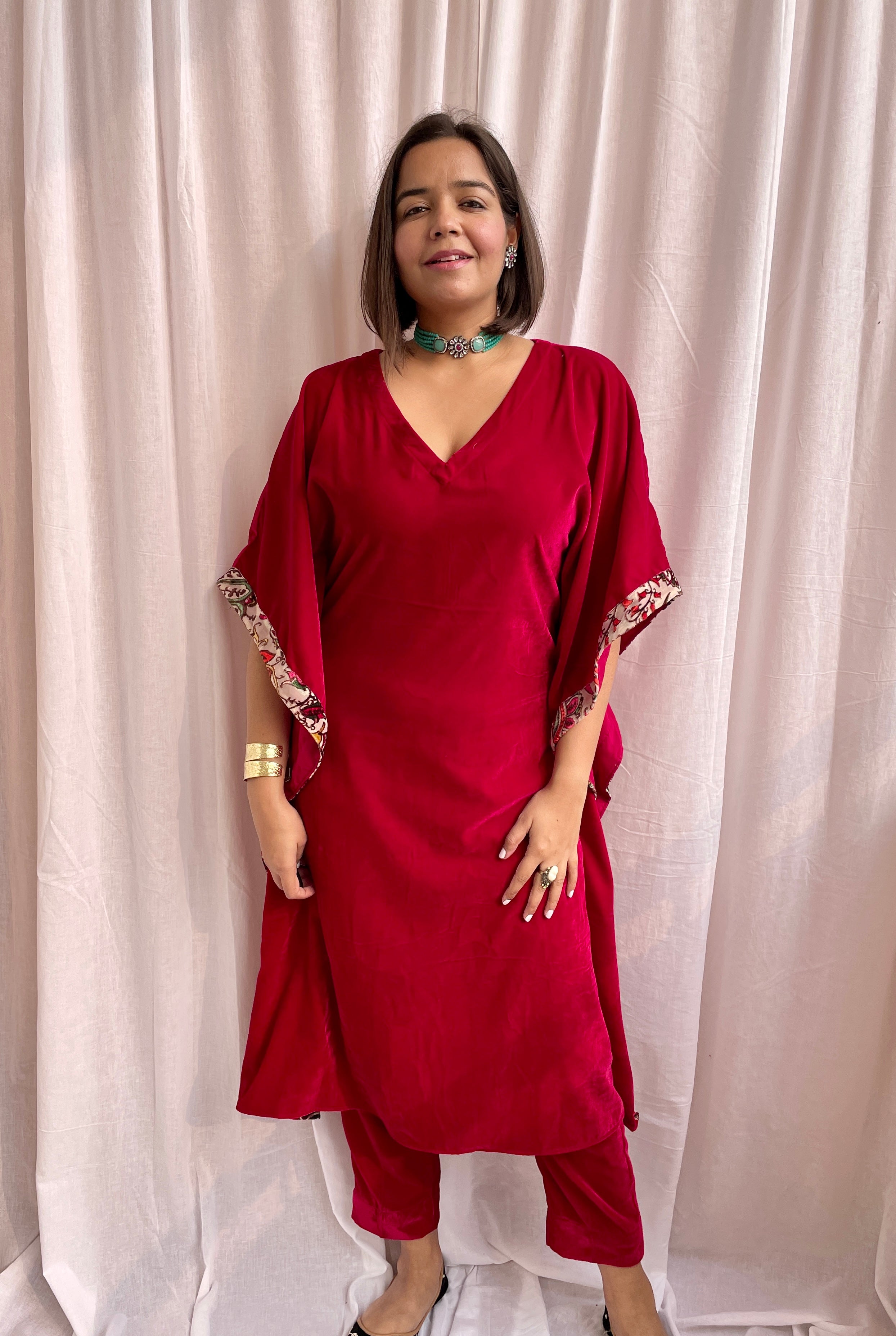 Red Velvet Kaftan Kurta Set image 3