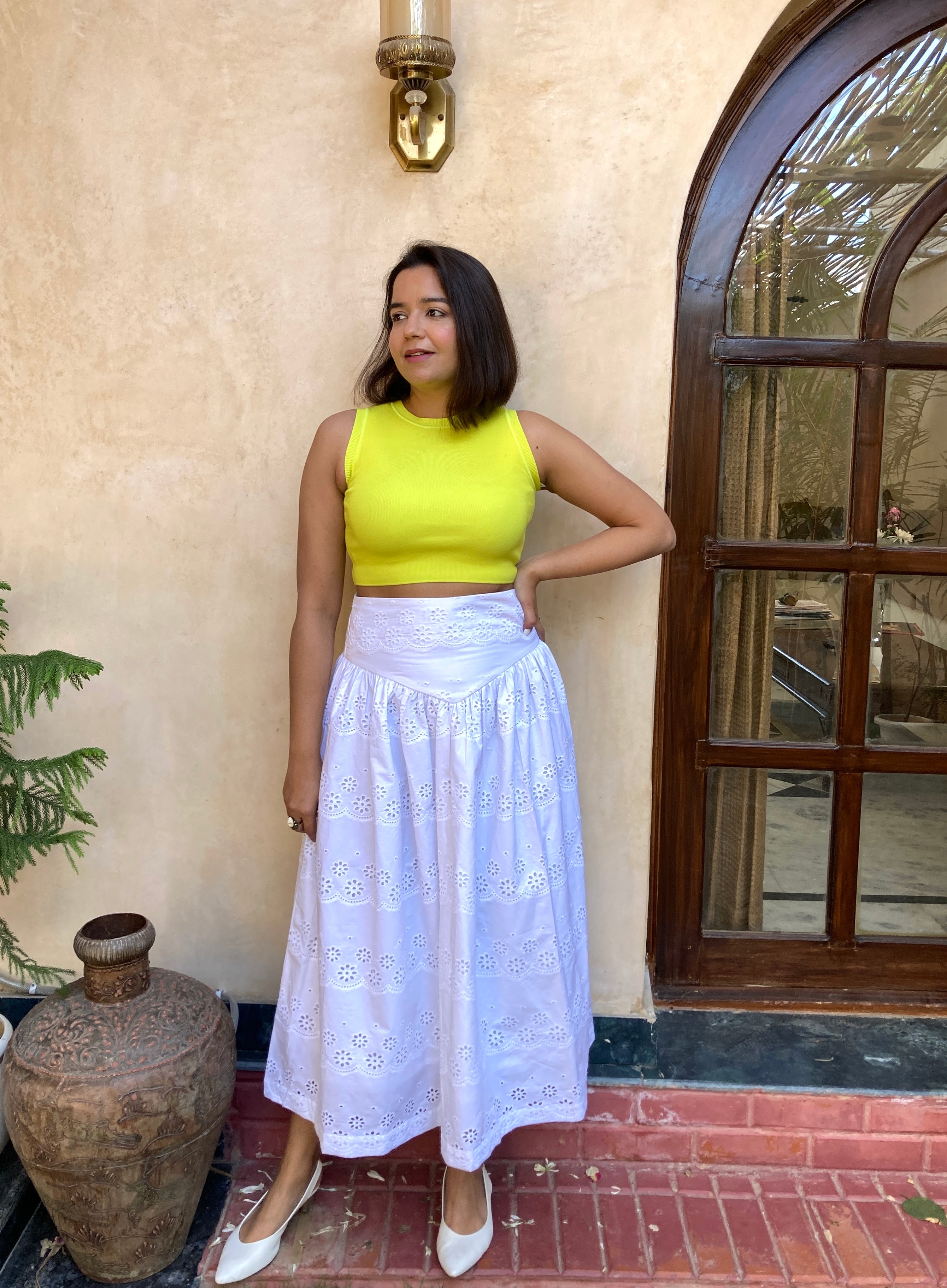 White Schiffli Zipper Maxi Skirt image 0