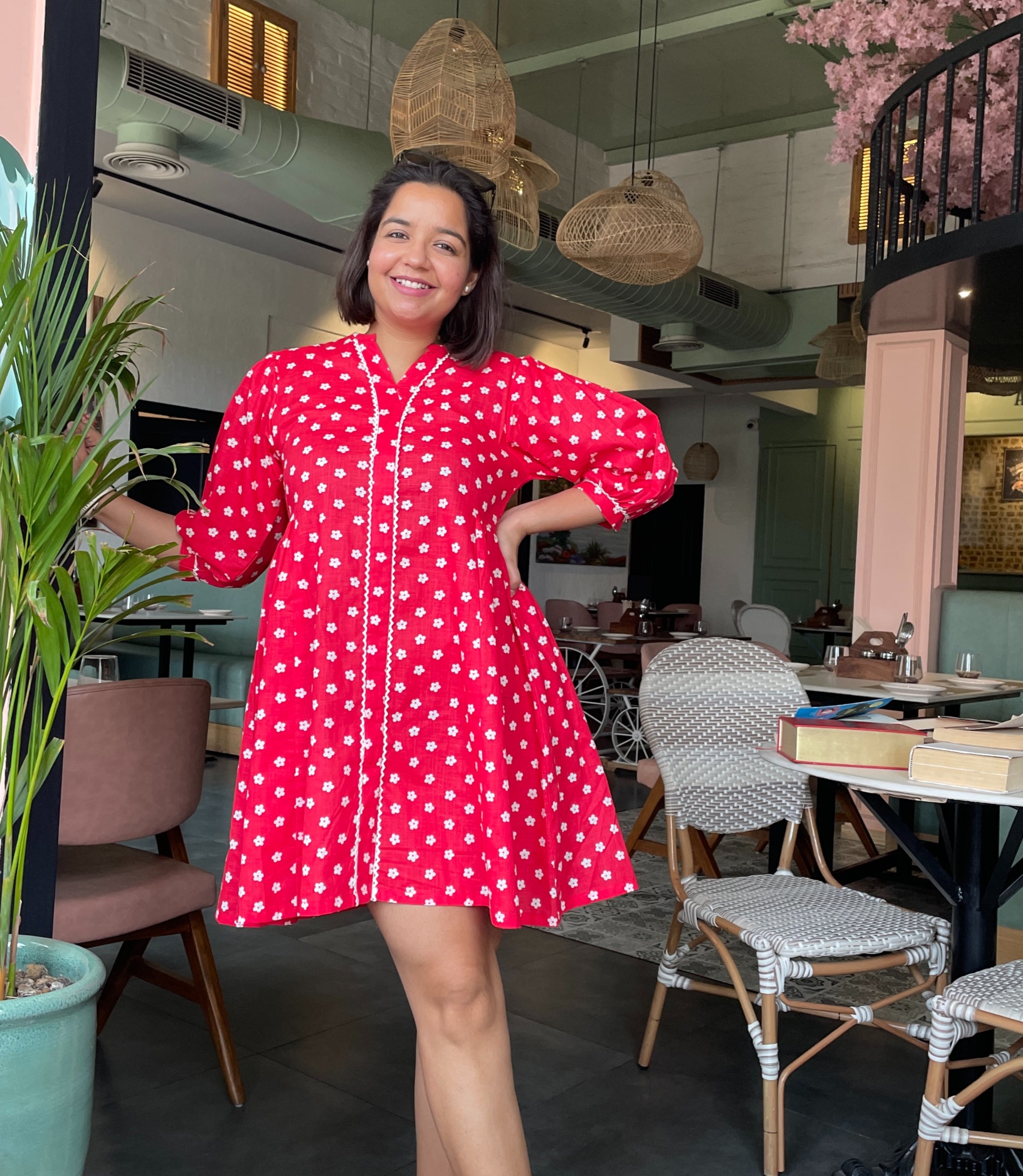 White Flower Red Skater Dress image 0