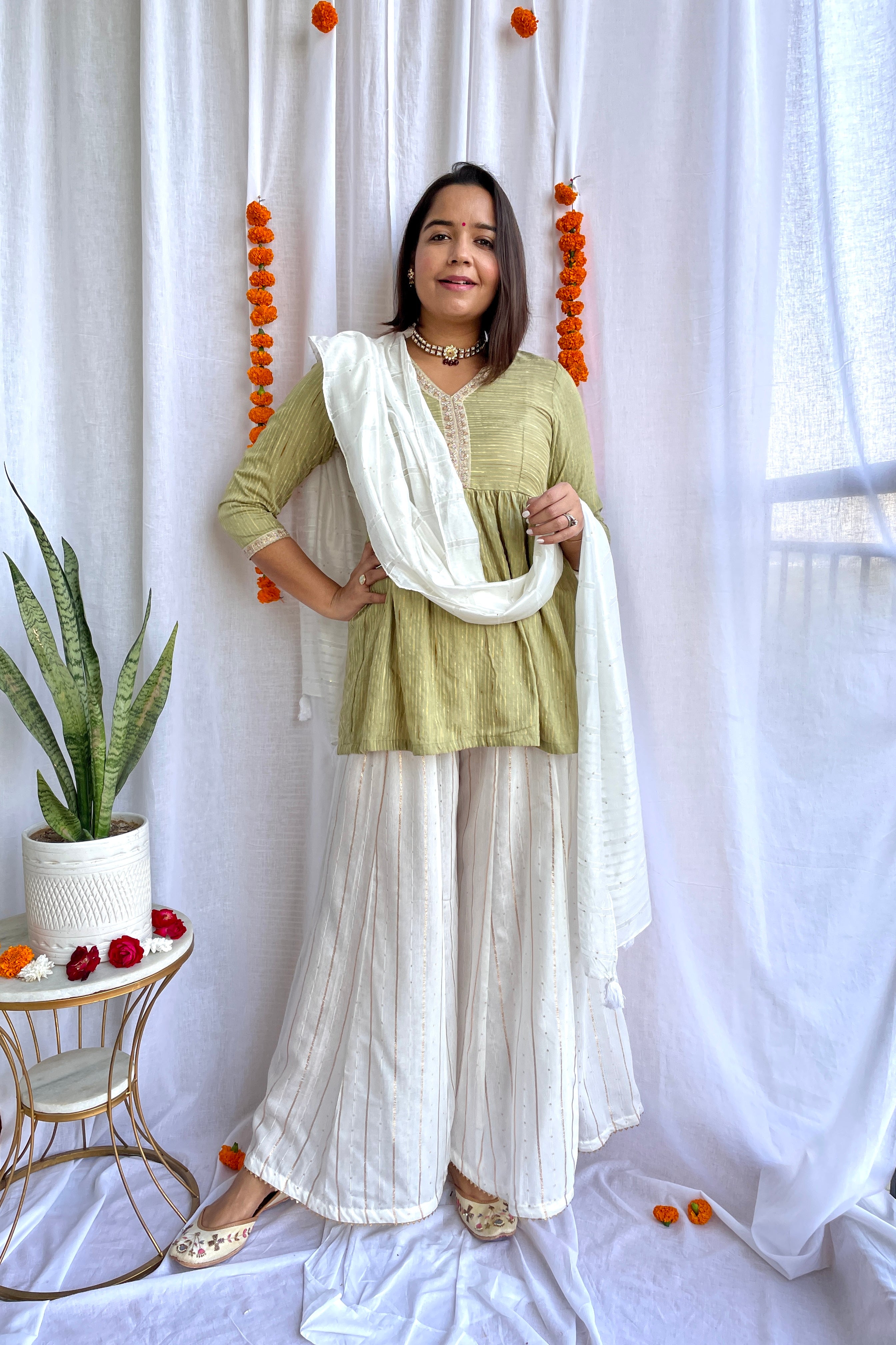 Green White Sharara Suit Set image 1