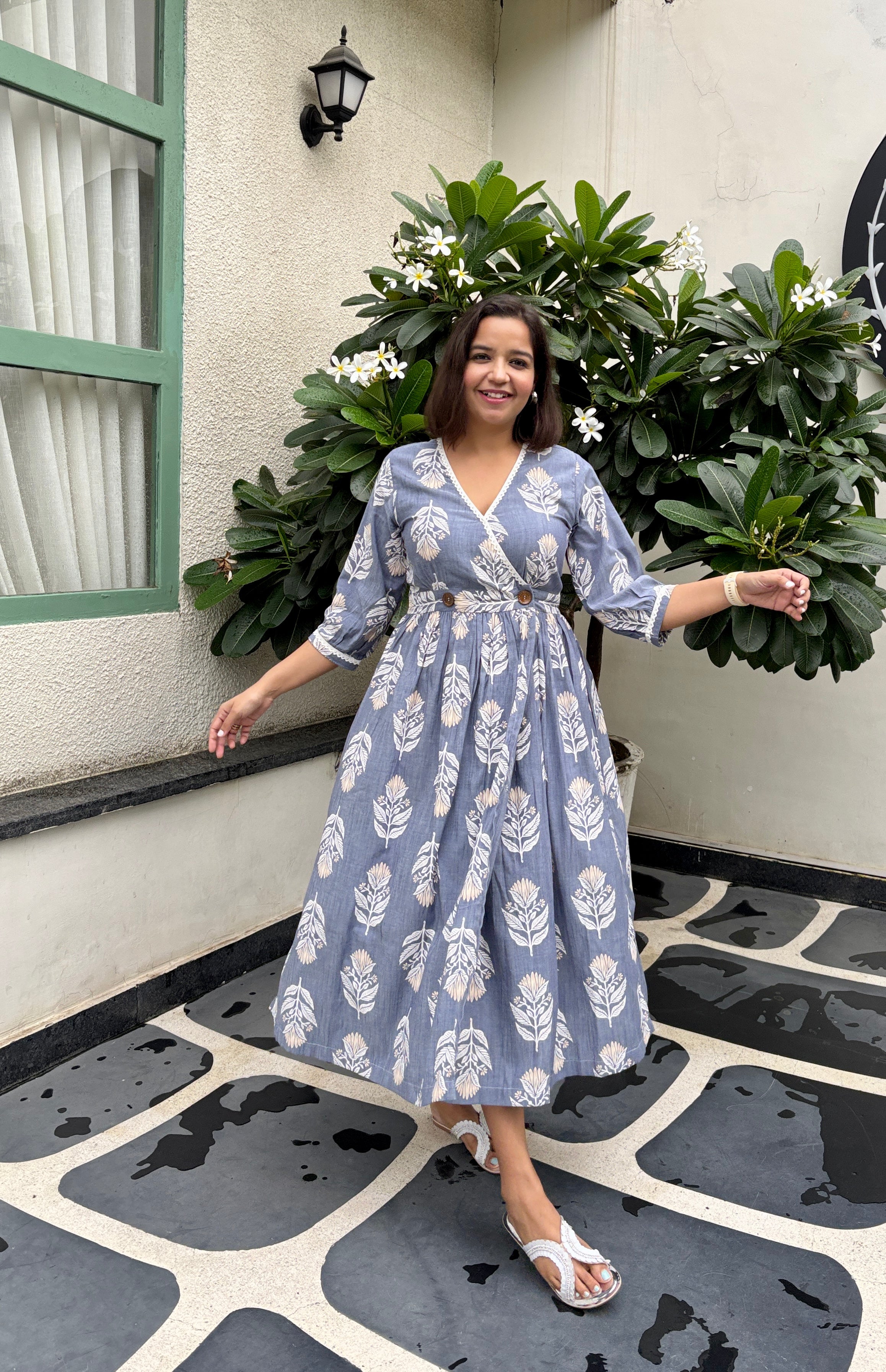 Blue Printed Wrap Dress Lace Detail & Pockets image 0