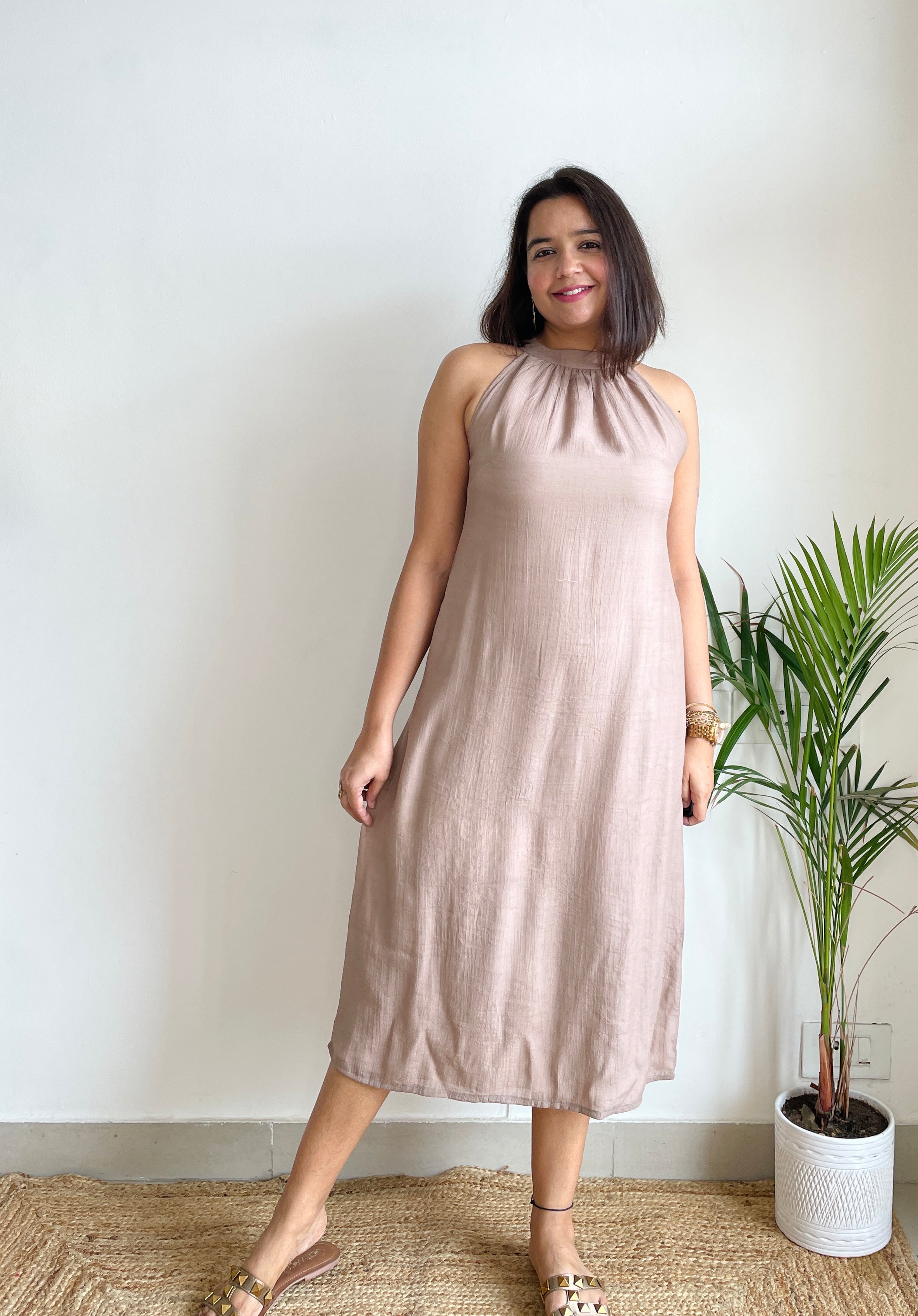 Solid Brown Halter Midi Dress image 6