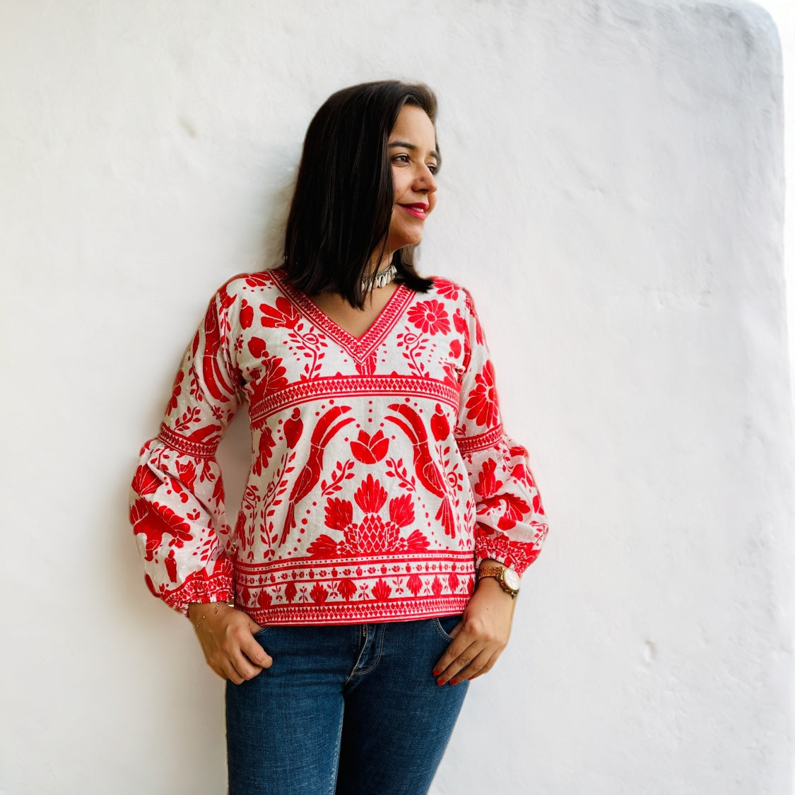 Red Bird Print Top image 0