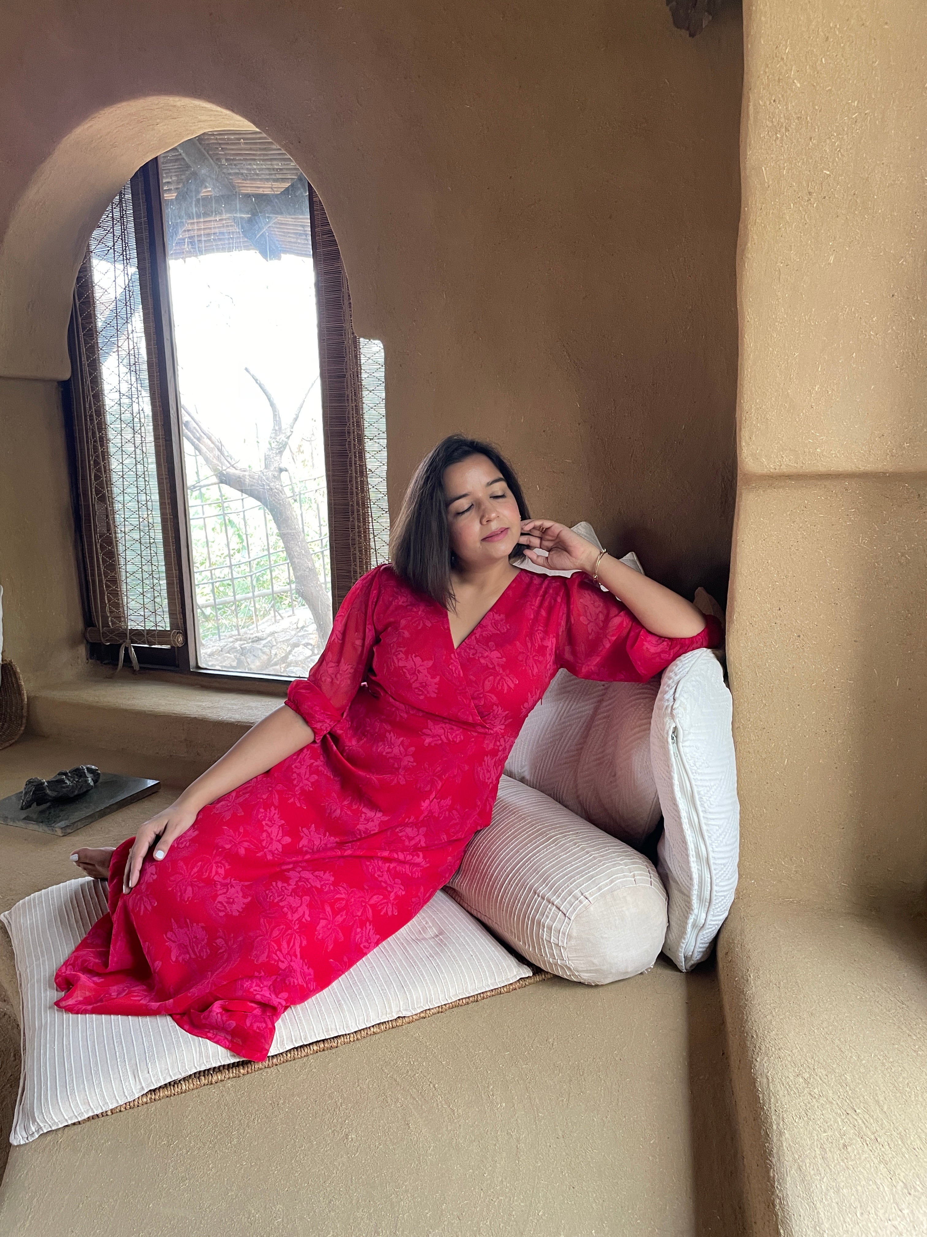 Red Floral Printed Midi Dress image 7