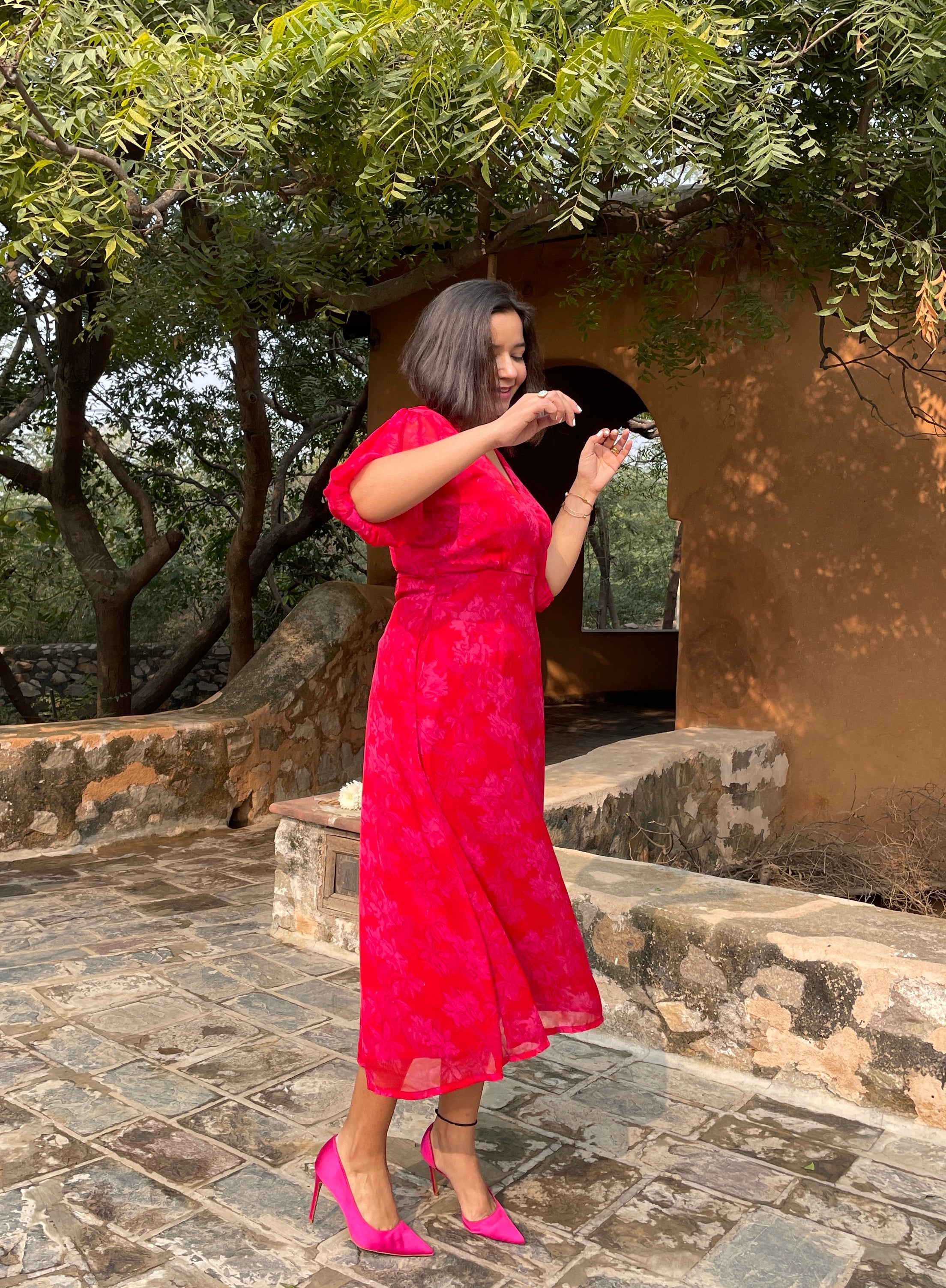 Red Floral Printed Midi Dress image 8