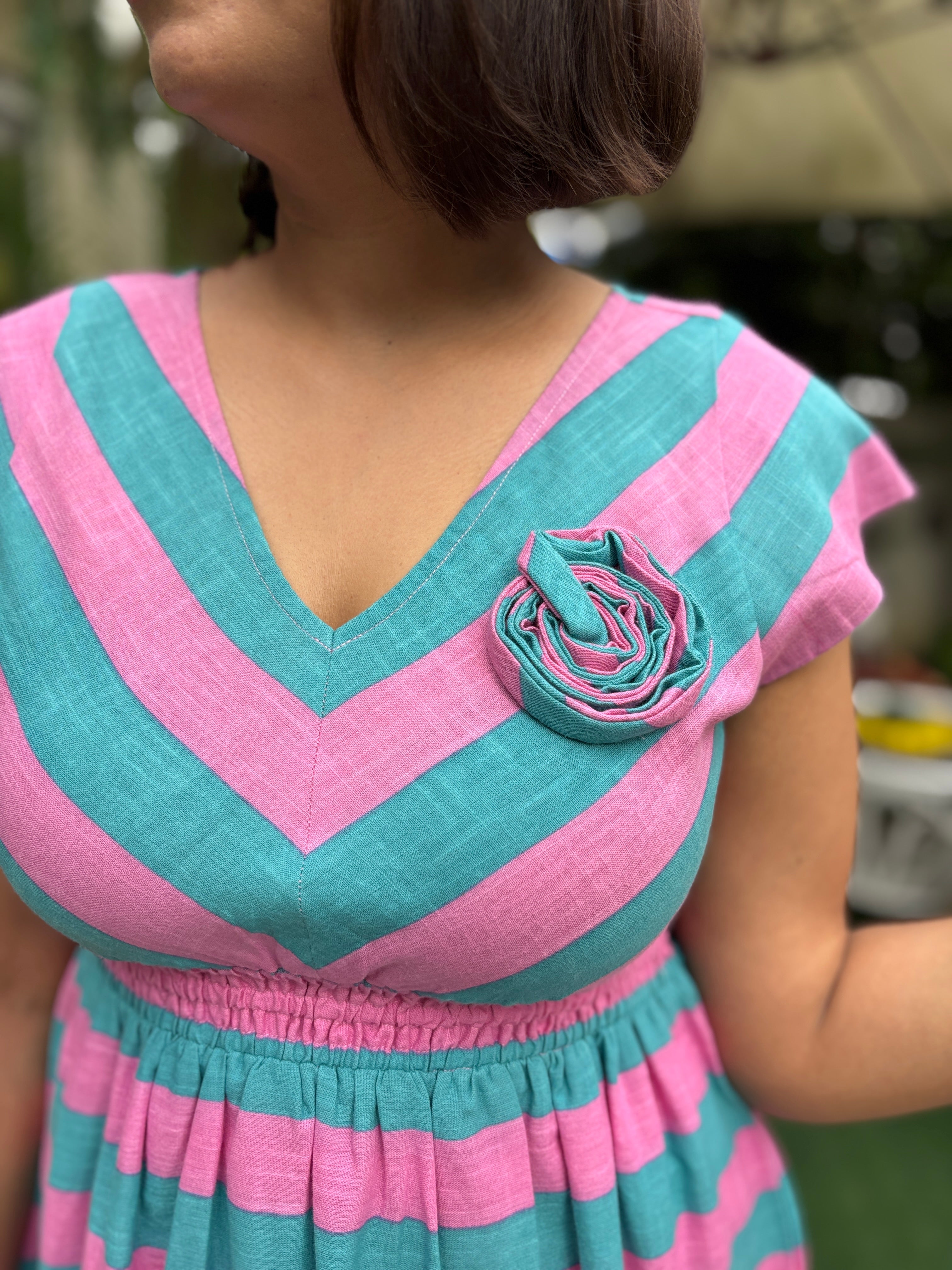 Striped Cotton Linen Midi Dress with 3D Flower image 1