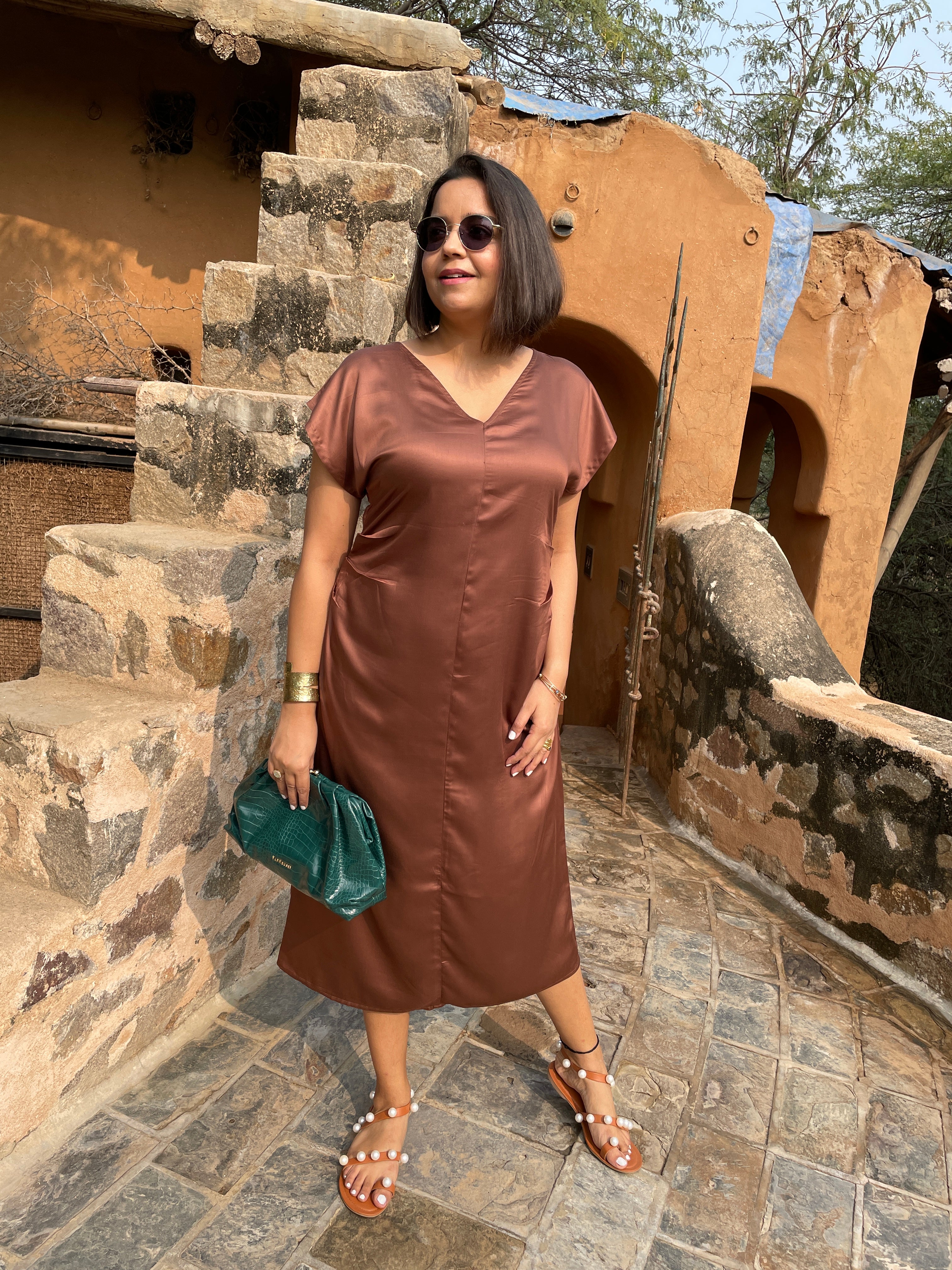 Brown Satin Midi Dress image 7