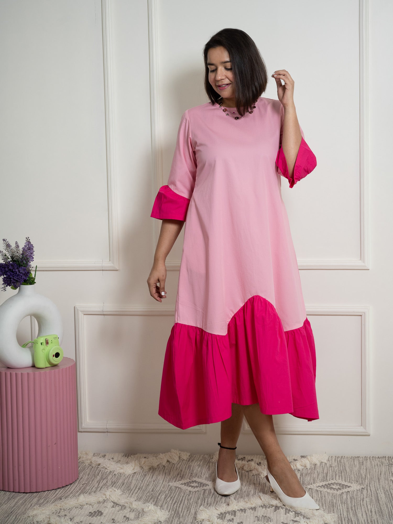 Solid Pink Zigzag Midi Dress image 6
